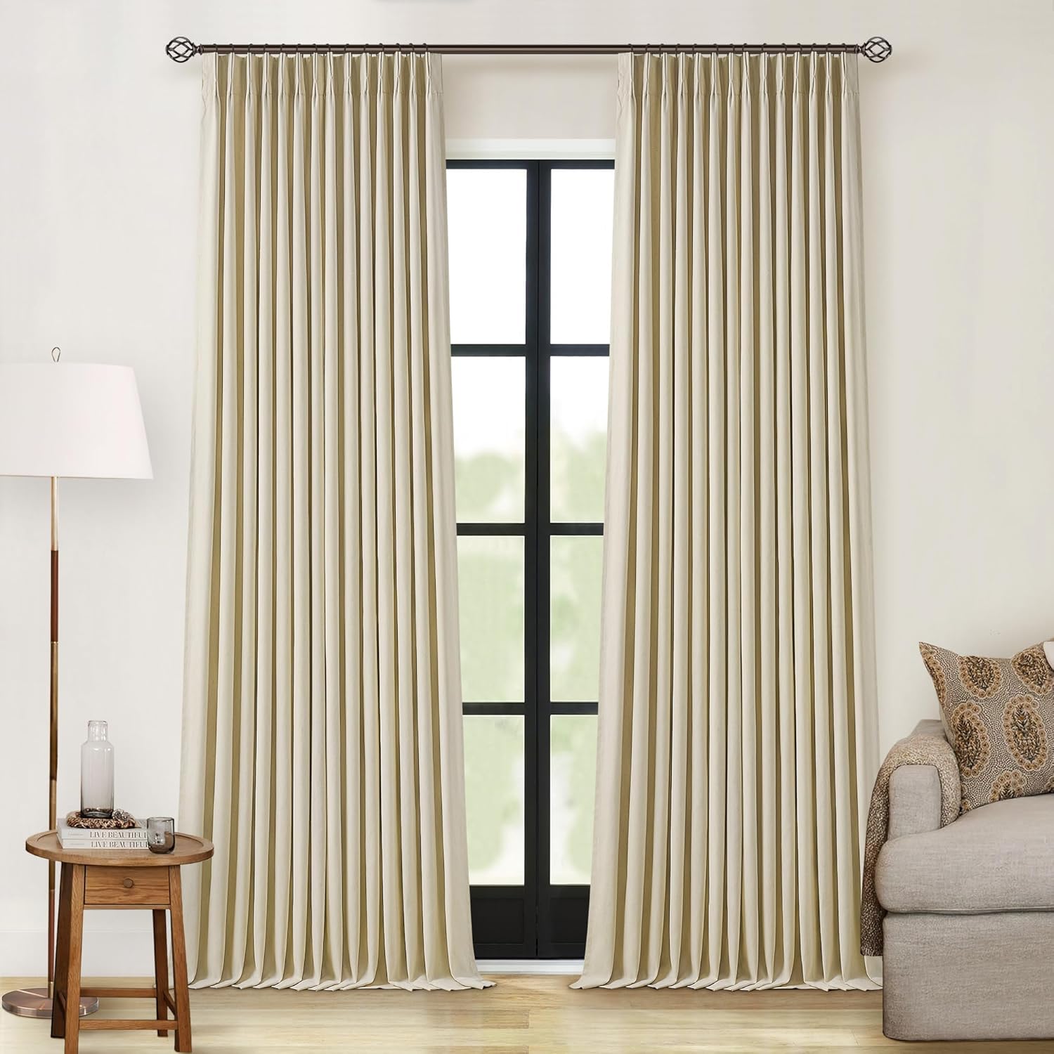 102 Inches Long Pinch Pleated Linen Blackout Curtains for Bedroom Back Tab Track Memory Trained Shape Farmhouse Light Blocking Curtains 102 Inch Length for Living Dining Room Darkening Drapes Cream