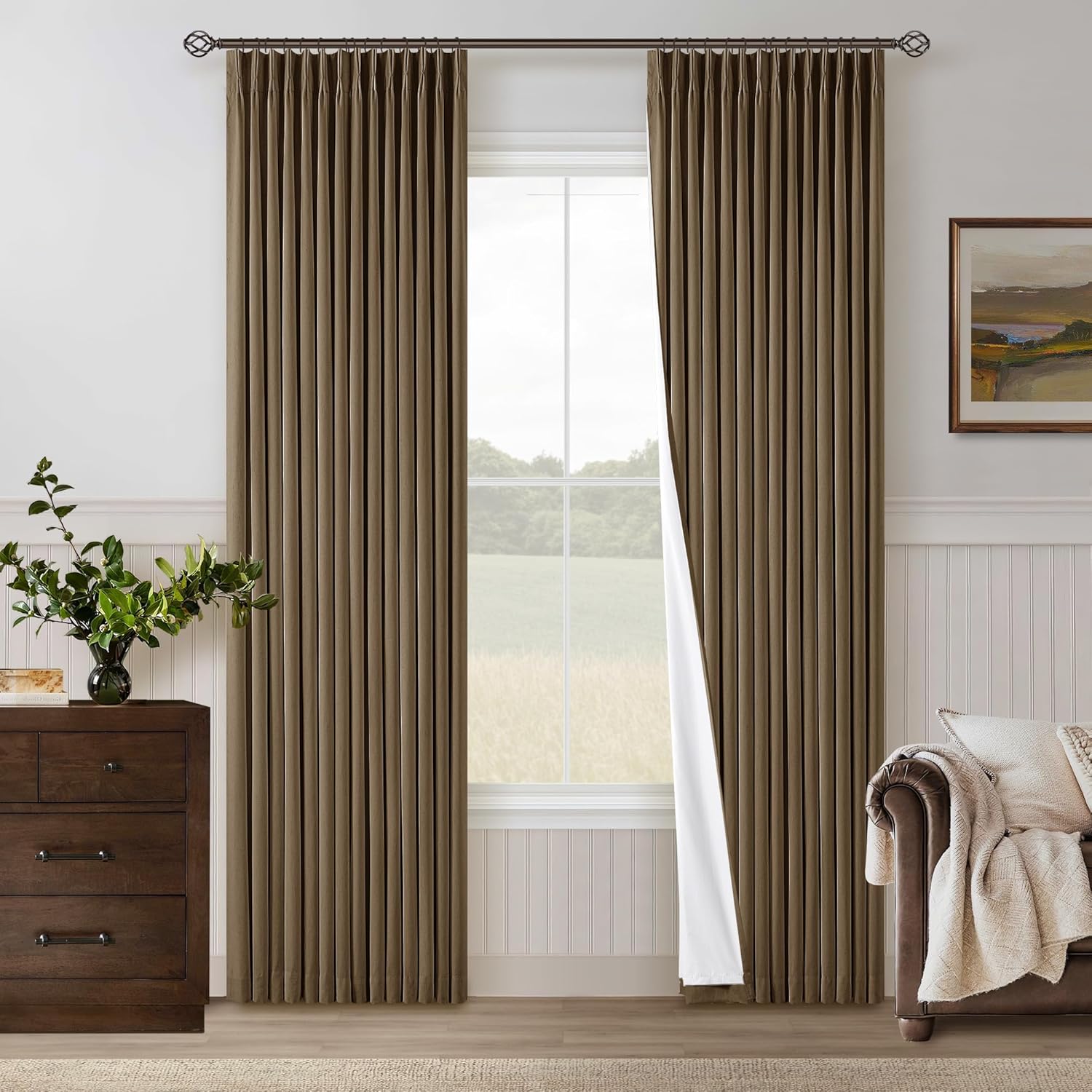 102 Inches Long Pinch Pleated Linen Blackout Curtains for Bedroom Back Tab Track Memory Trained Shape Farmhouse Light Blocking Curtains 102 Inch Length for Living Dining Room Darkening Drapes Cream