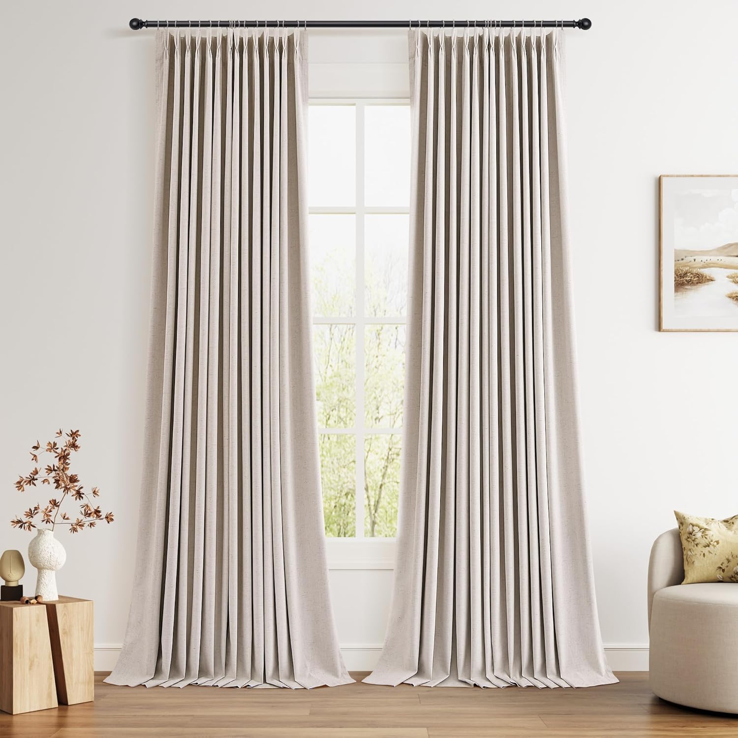Pinch Pleated 100% Blackout Linen Curtains 96 Inches Long for Bedroom Living Room Memory Trained Pinch Pleat Linen Curtains Rustic Farmhouse Thermal Insulated Natural Cream Pleated Drapes 8ft 40x96