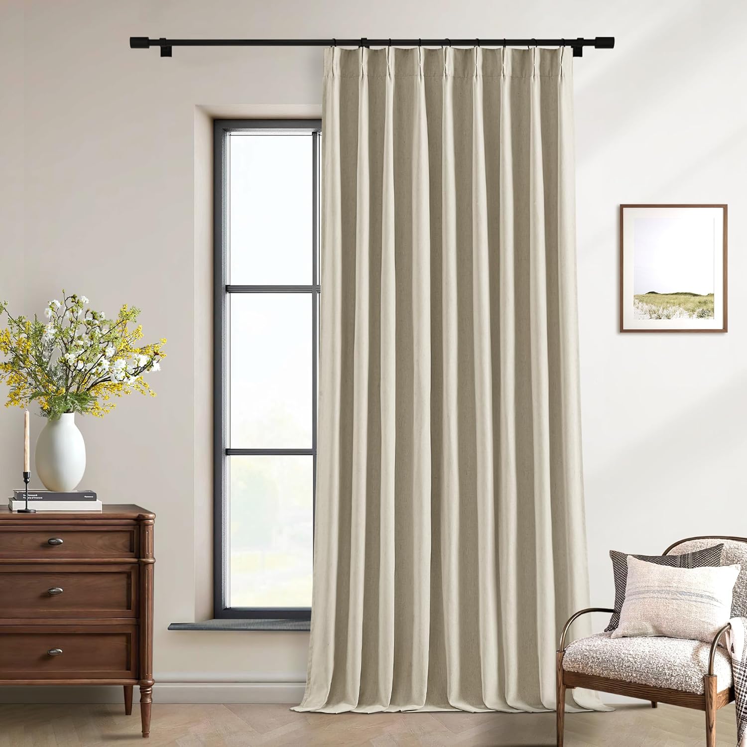 102 Inches Long Pinch Pleated Linen Blackout Curtains for Bedroom Back Tab Track Memory Trained Shape Farmhouse Light Blocking Curtains 102 Inch Length for Living Dining Room Darkening Drapes Cream