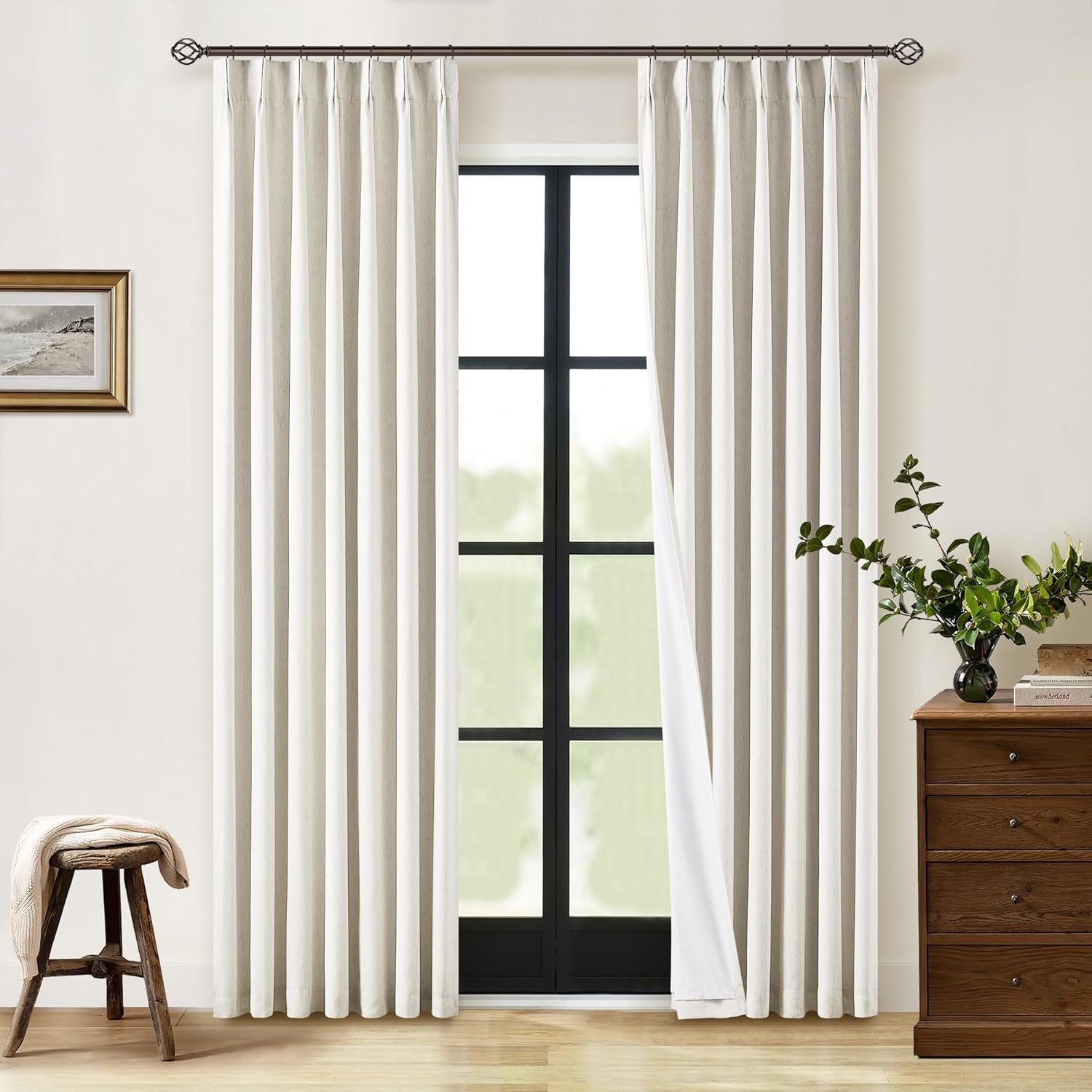 102 Inches Long Pinch Pleated Linen Blackout Curtains for Bedroom Back Tab Track Memory Trained Shape Farmhouse Light Blocking Curtains 102 Inch Length for Living Dining Room Darkening Drapes Cream