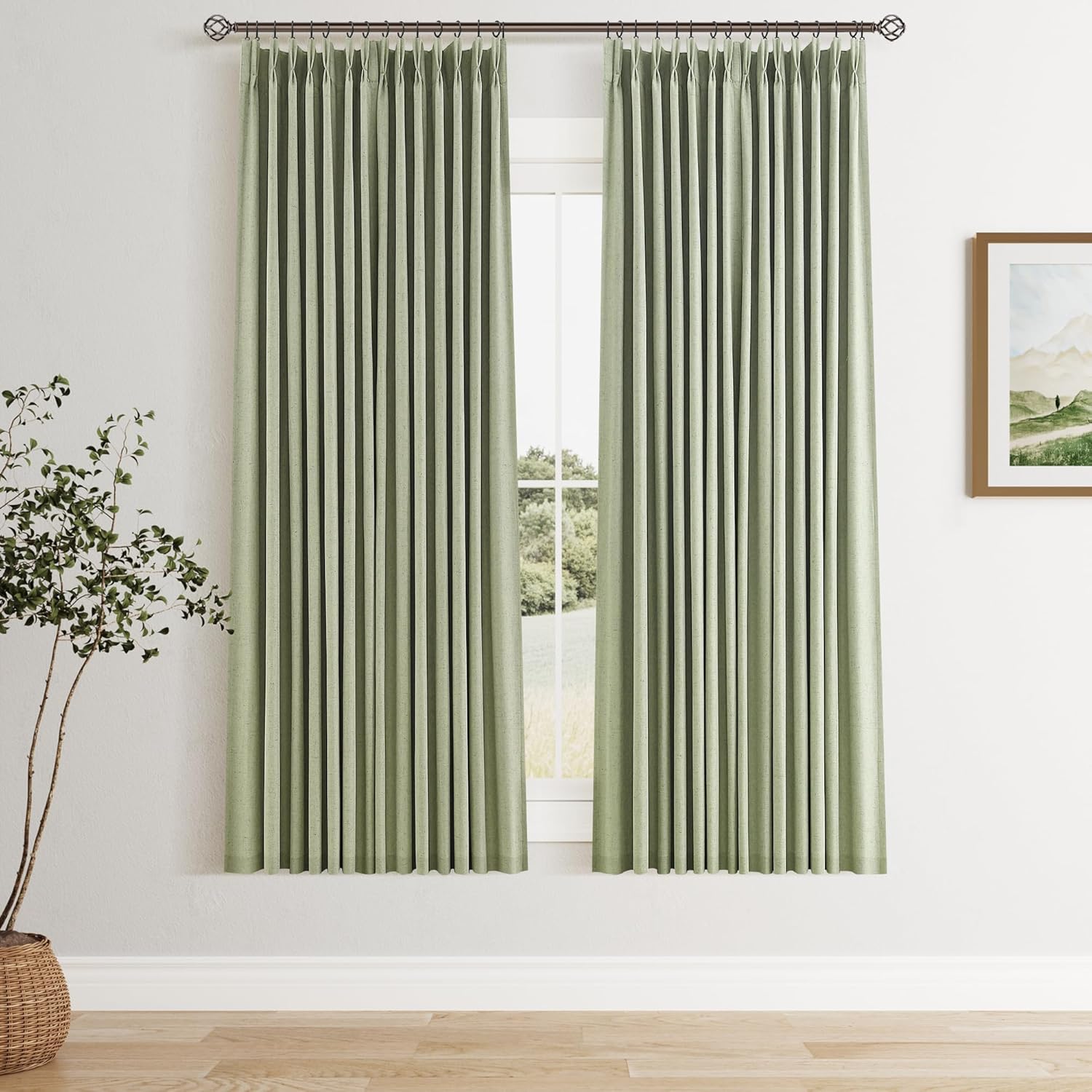 100% Blackout Pinch Pleated Curtains Linen 90 Inches Long for Bedroom 2 Panels Set Full Black Out Thermal Insulated Curtain Natural Boho Farmhouse Pinch Pleat Double Layer Room Darkening Drapes Cream