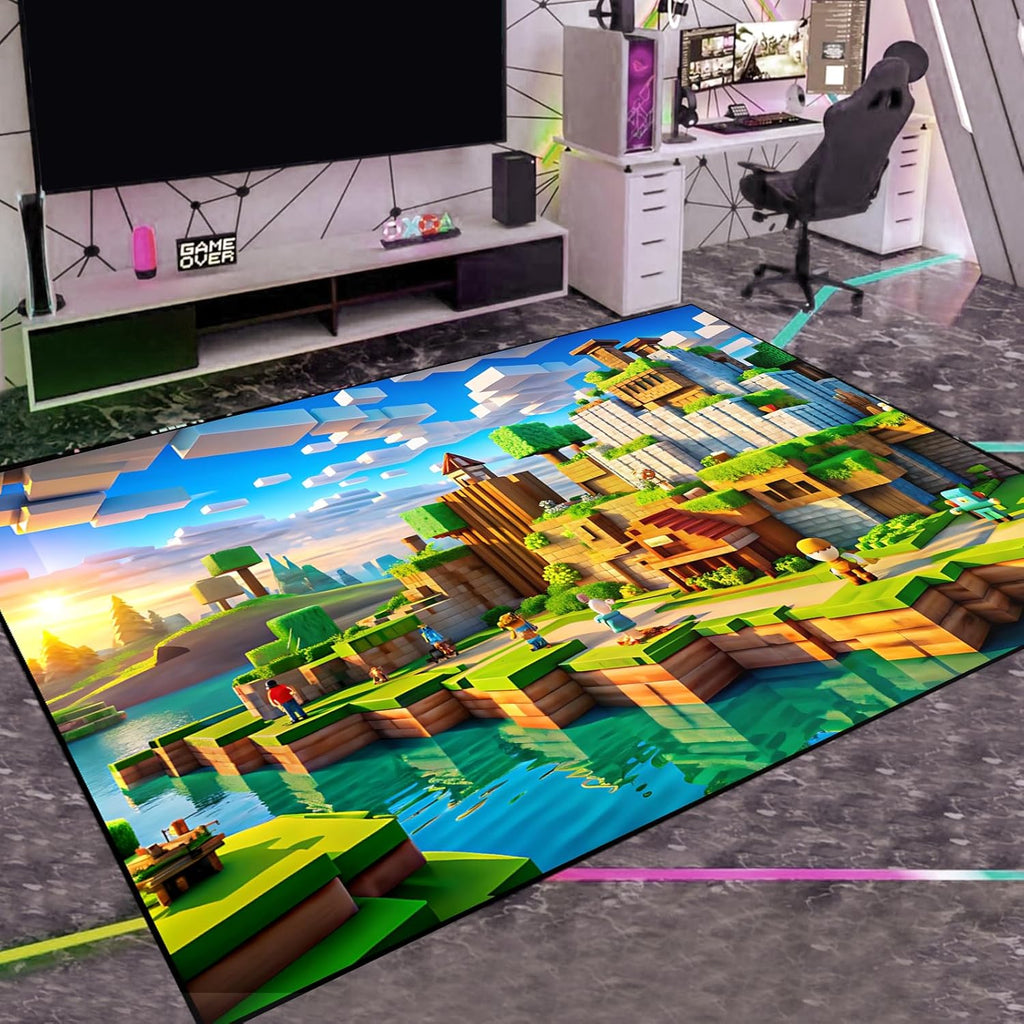 Block Game Rug Teen Kids Carpet, Pixel Games Scene Decoration Mat, Washable Cube Block Game Rugs for Boy’s Bedroom Living Room Playroom, Non-Slip Children Gaming Area Rugs (Green Village, 79" x 59")