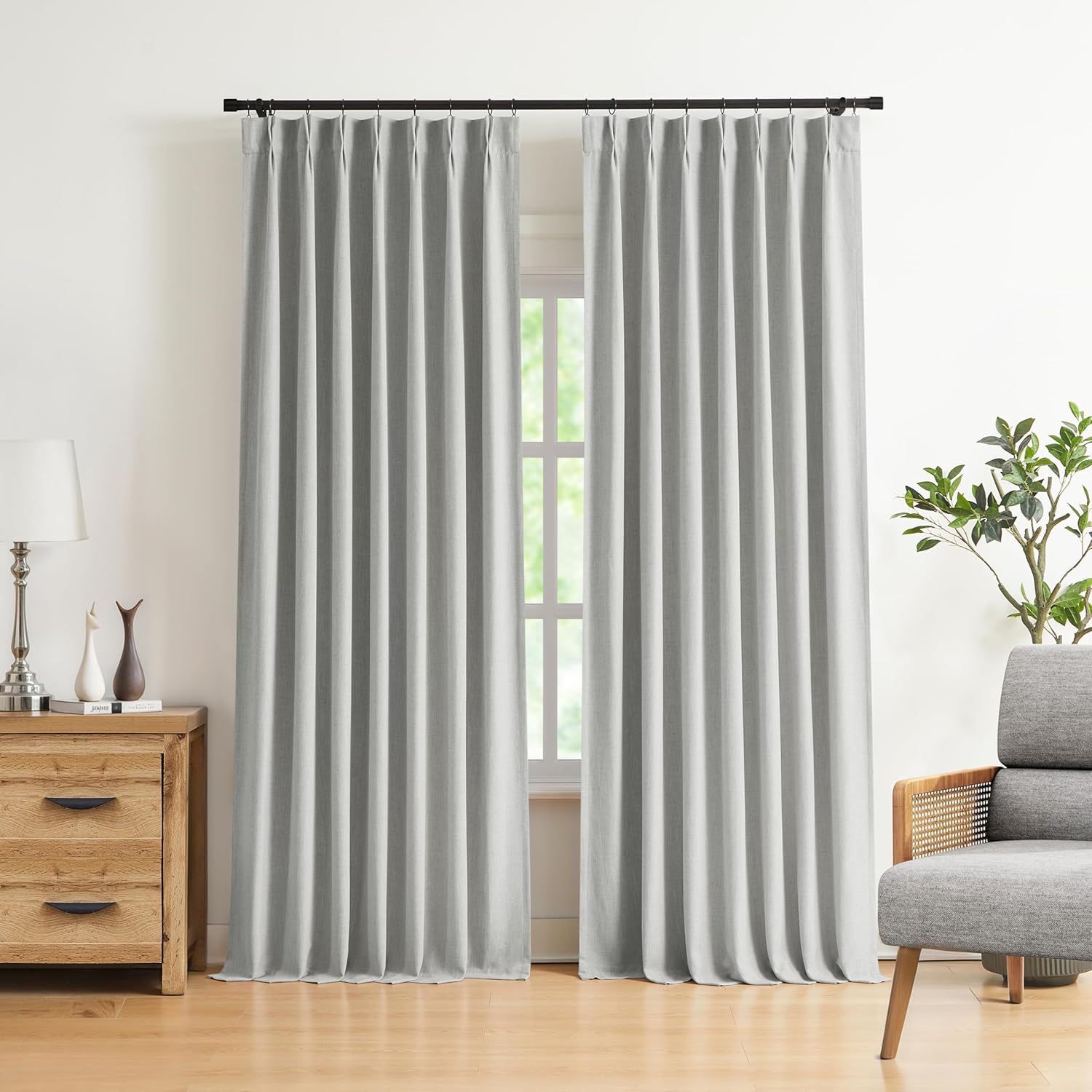 Vision Home Natural Pinch Pleated Full Blackout Curtains Linen Blended Room Darkening Window Curtains 90 inch for Living Room Bedroom Thermal Insulated Pinch Pleat Drapes with Hooks 2 Panel 40"Wx90"L