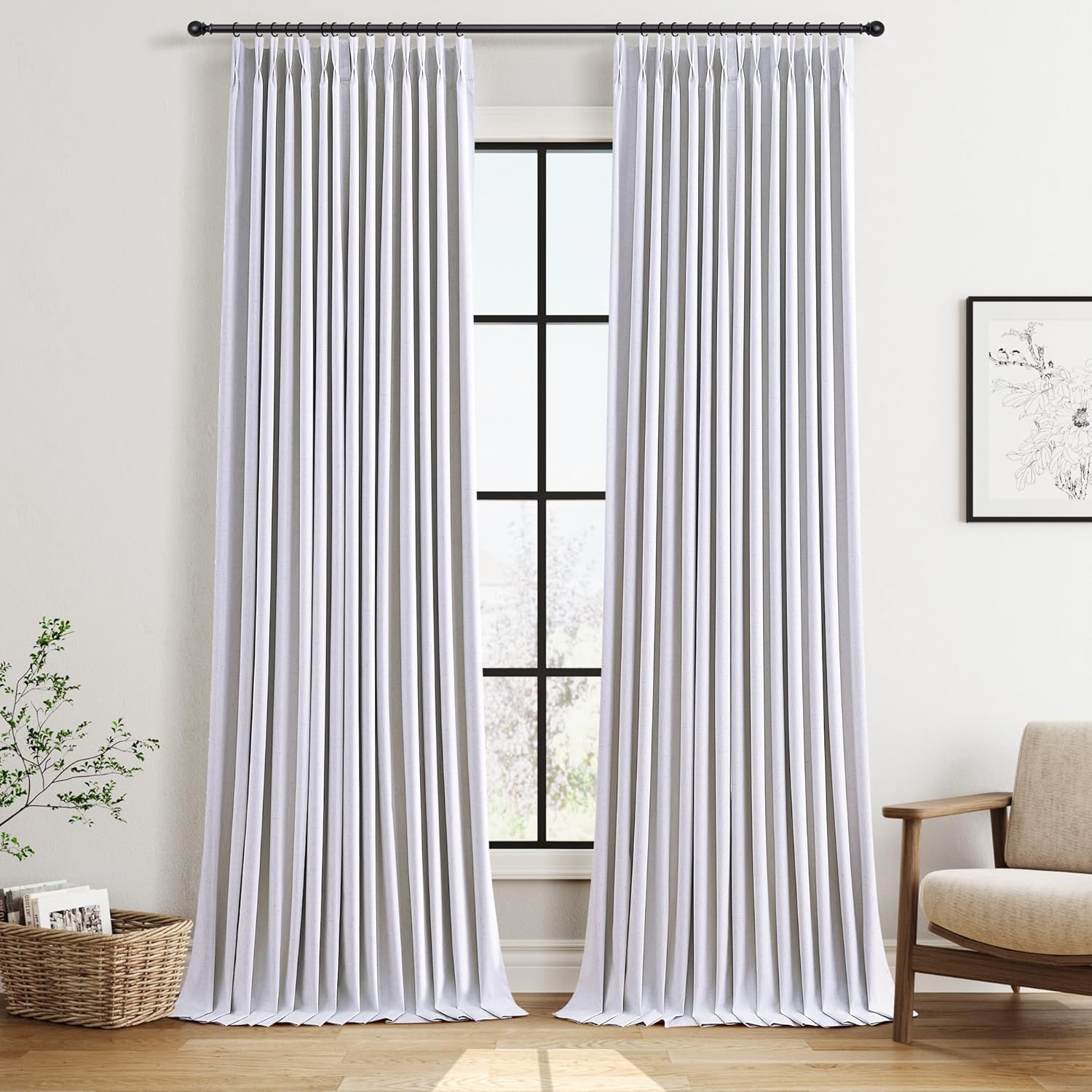 Pinch Pleated 100% Blackout Linen Curtains 96 Inches Long for Bedroom Living Room Memory Trained Pinch Pleat Linen Curtains Rustic Farmhouse Thermal Insulated Natural Cream Pleated Drapes 8ft 40x96