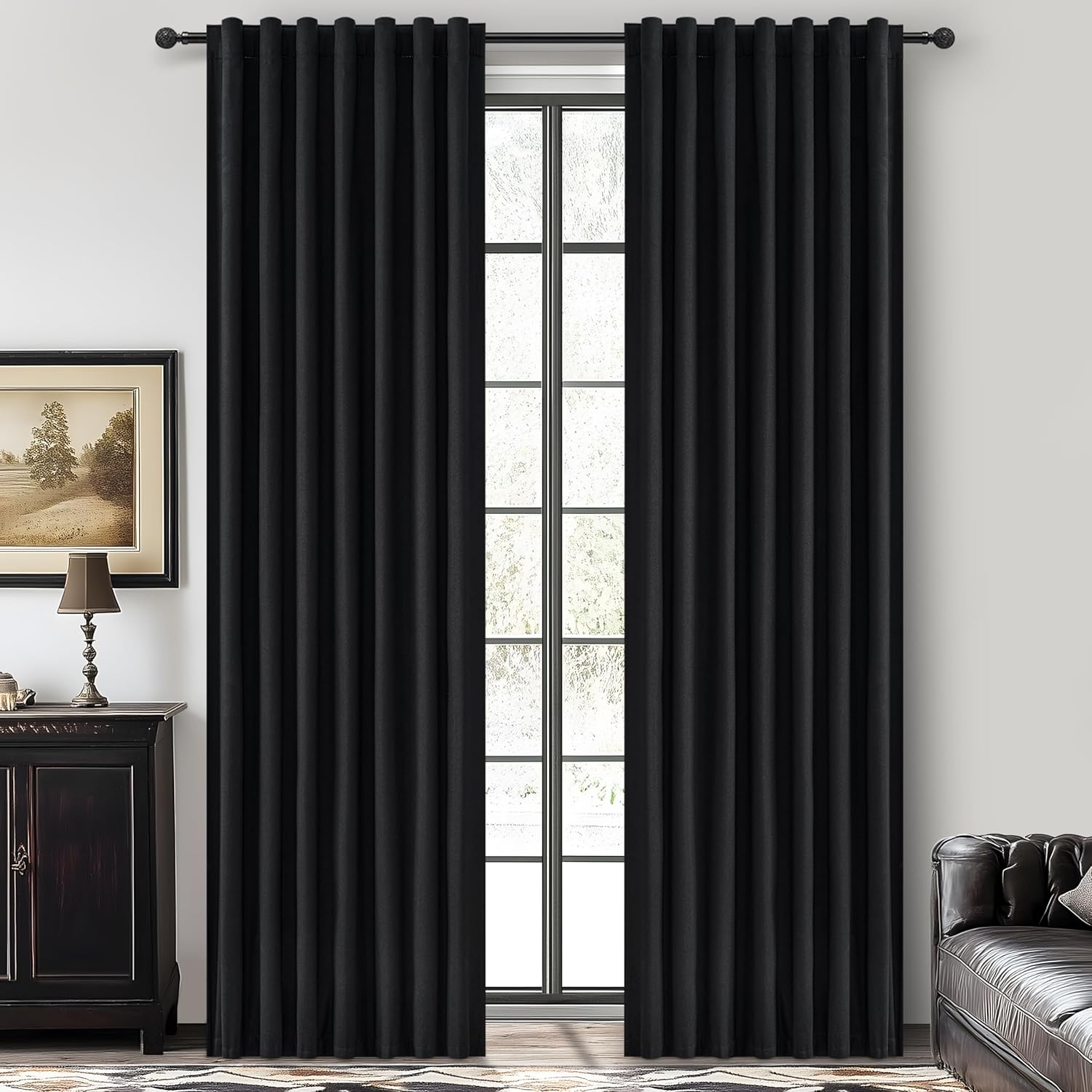 Black Out 96 Inch Long Boho Curtains 2 Panel Set, Farmhouse Curtains for Living Room Darkening/Thermal/Noise Reduction Textured Flax Linen Drape 8ft Hook&Ring Included Birch Off White 50"x96"