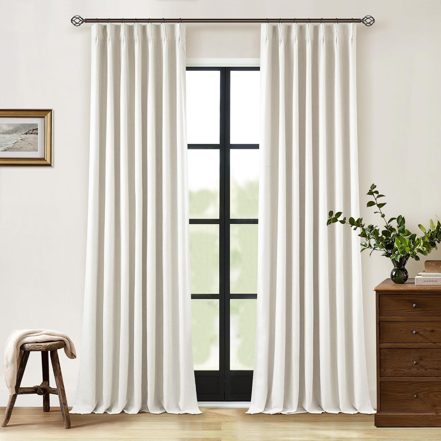 102 Inches Long Pinch Pleated Linen Blackout Curtains for Bedroom Back Tab Track Memory Trained Shape Farmhouse Light Blocking Curtains 102 Inch Length for Living Dining Room Darkening Drapes Cream