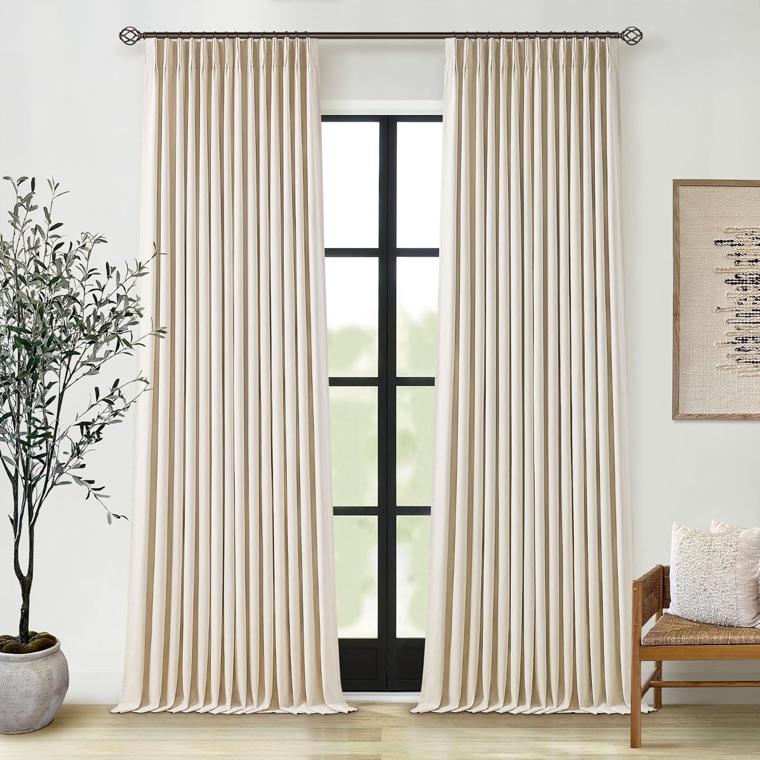 102 Inches Long Pinch Pleated Linen Blackout Curtains for Bedroom Back Tab Track Memory Trained Shape Farmhouse Light Blocking Curtains 102 Inch Length for Living Dining Room Darkening Drapes Cream