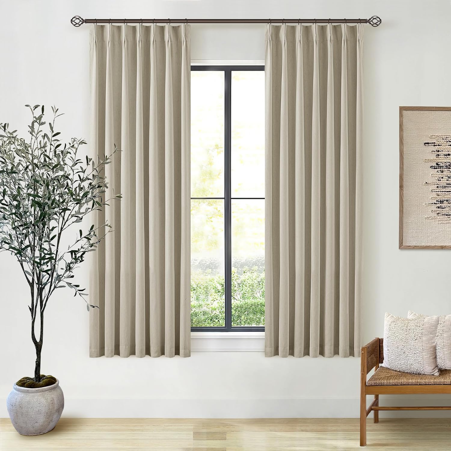 102 Inches Long Pinch Pleated Linen Blackout Curtains for Bedroom Back Tab Track Memory Trained Shape Farmhouse Light Blocking Curtains 102 Inch Length for Living Dining Room Darkening Drapes Cream