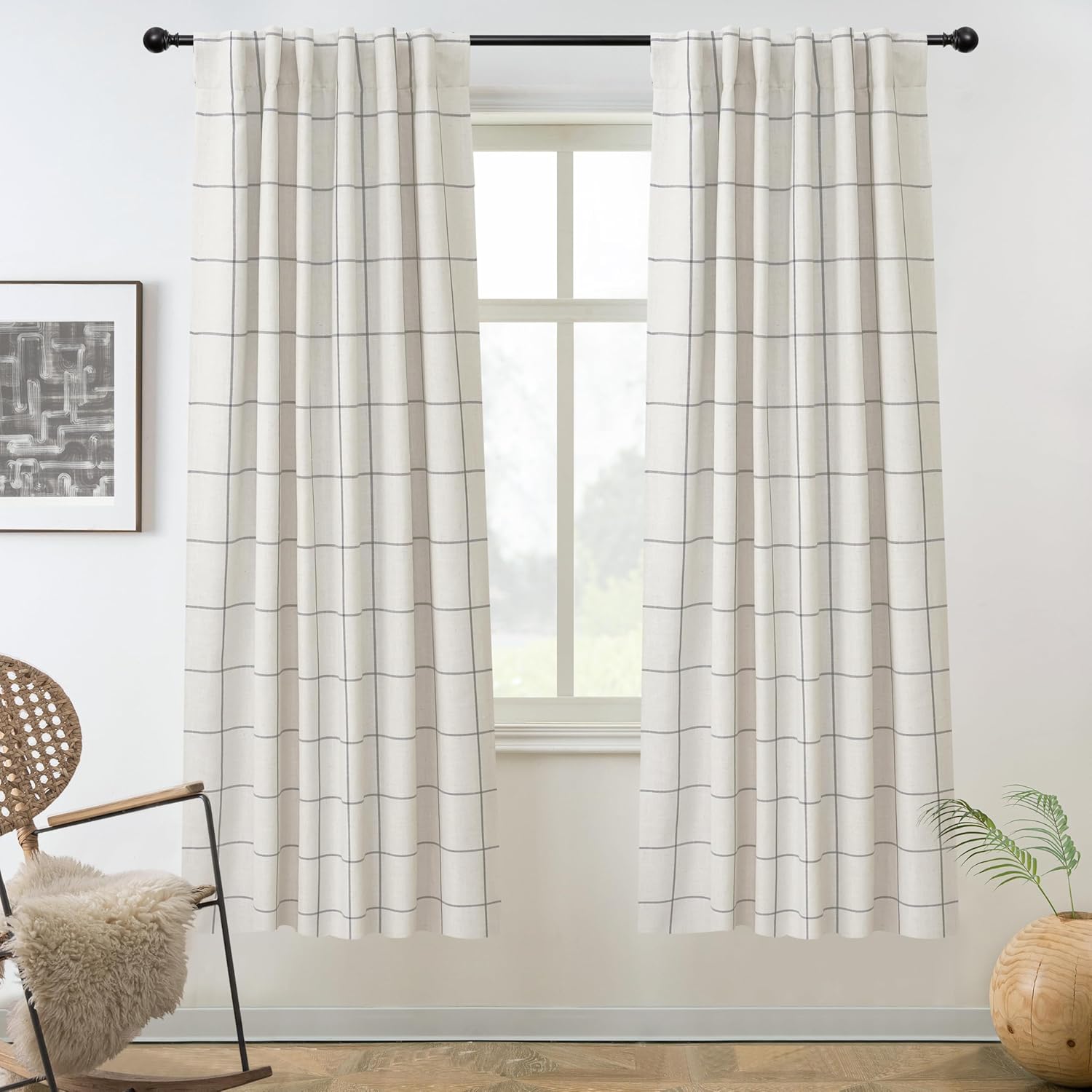 DriftAway 2 Panels 100% Blackout Windowpane Plaid Linen Curtains Double Layer Drapes for Bedroom 84 Inches Long Farmhouse Thermal Insulated 3.25 Inch Rod Pocket Back Tab for Living Room Taupe