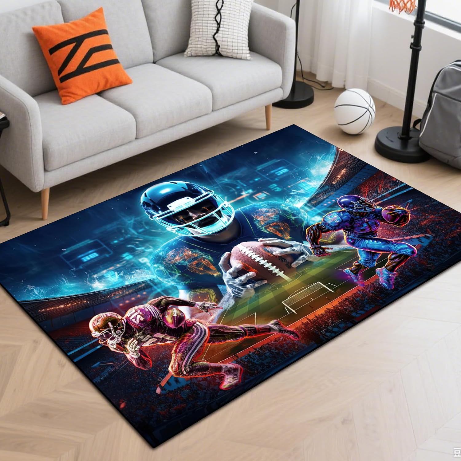 Washable Game Area Rug, Sports Ball Design Gaming Teen Carpet Rug Doormat, Non-Slip Low-Pile Floor Carpet for Computer Bedroom Indoor Front Entrance Living Room Office (Basketball 1, 79" x 59")