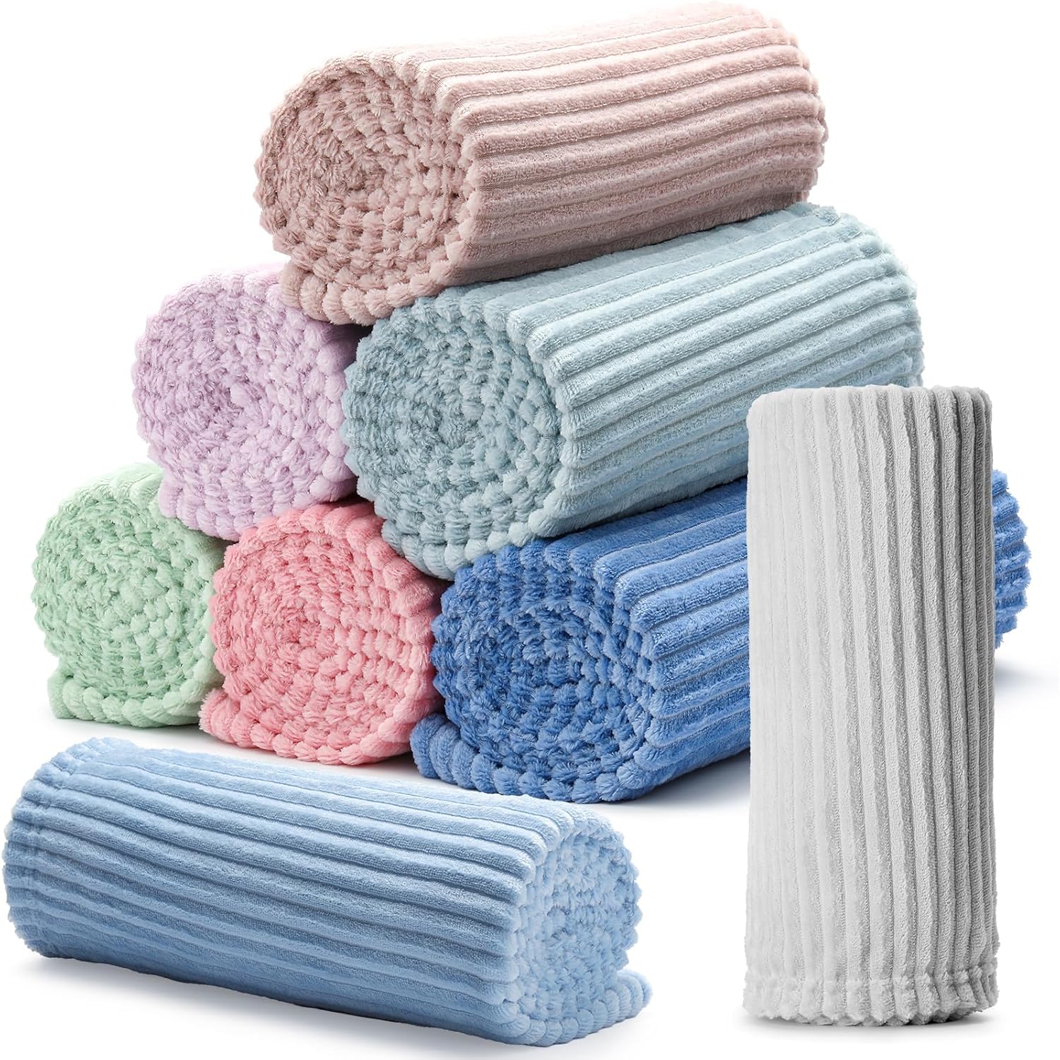 8 Pcs Pastel Colors Flannel Throw Blanket Bulk 50 x 60 Inch with Striped Ribbed Throw Blanket Soft Lightweight All Seasons Blankets for Sofa Room Couch Donation Homeless Wedding Gifts