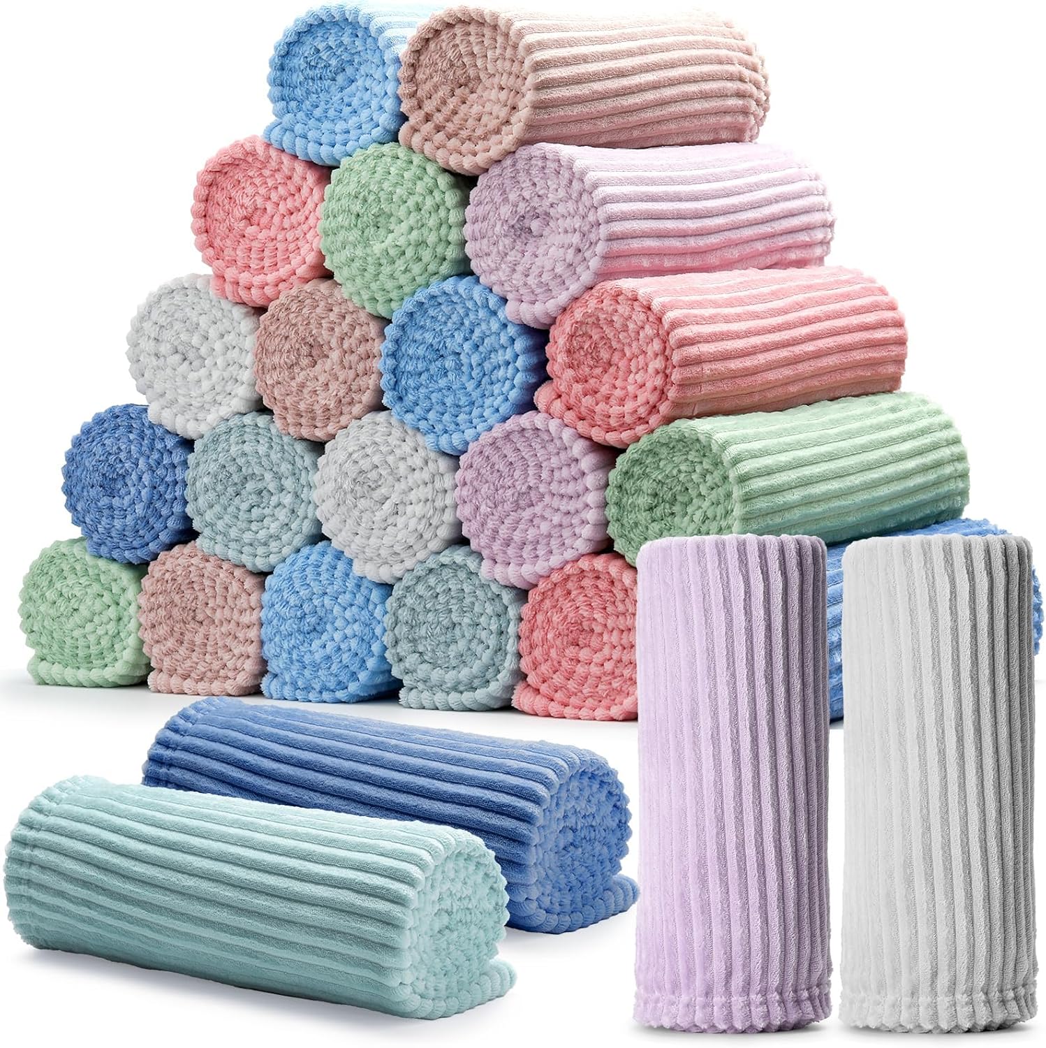 8 Pcs Pastel Colors Flannel Throw Blanket Bulk 50 x 60 Inch with Striped Ribbed Throw Blanket Soft Lightweight All Seasons Blankets for Sofa Room Couch Donation Homeless Wedding Gifts