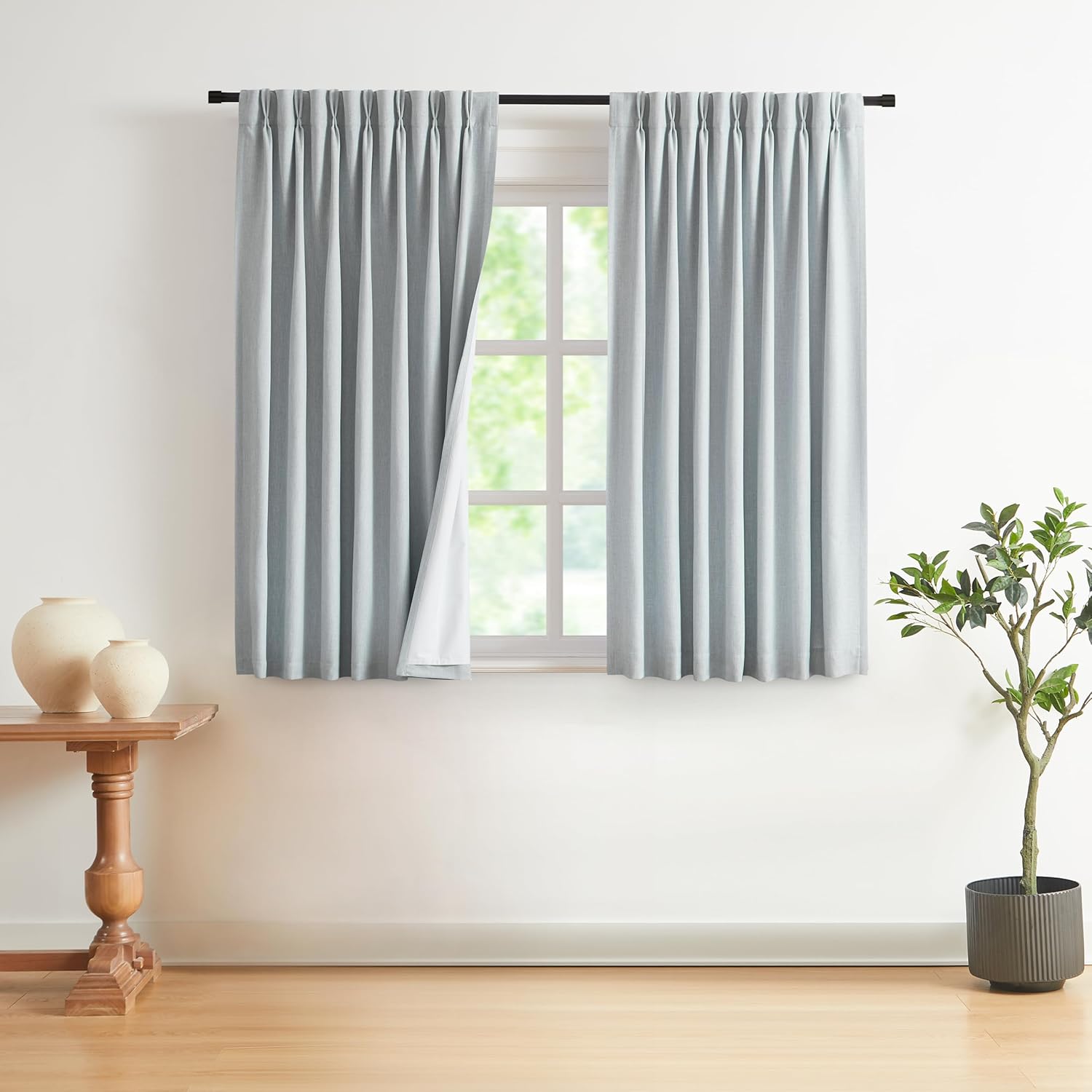 Vision Home Natural Pinch Pleated Full Blackout Curtains Linen Blended Room Darkening Window Curtains 90 inch for Living Room Bedroom Thermal Insulated Pinch Pleat Drapes with Hooks 2 Panel 40"Wx90"L