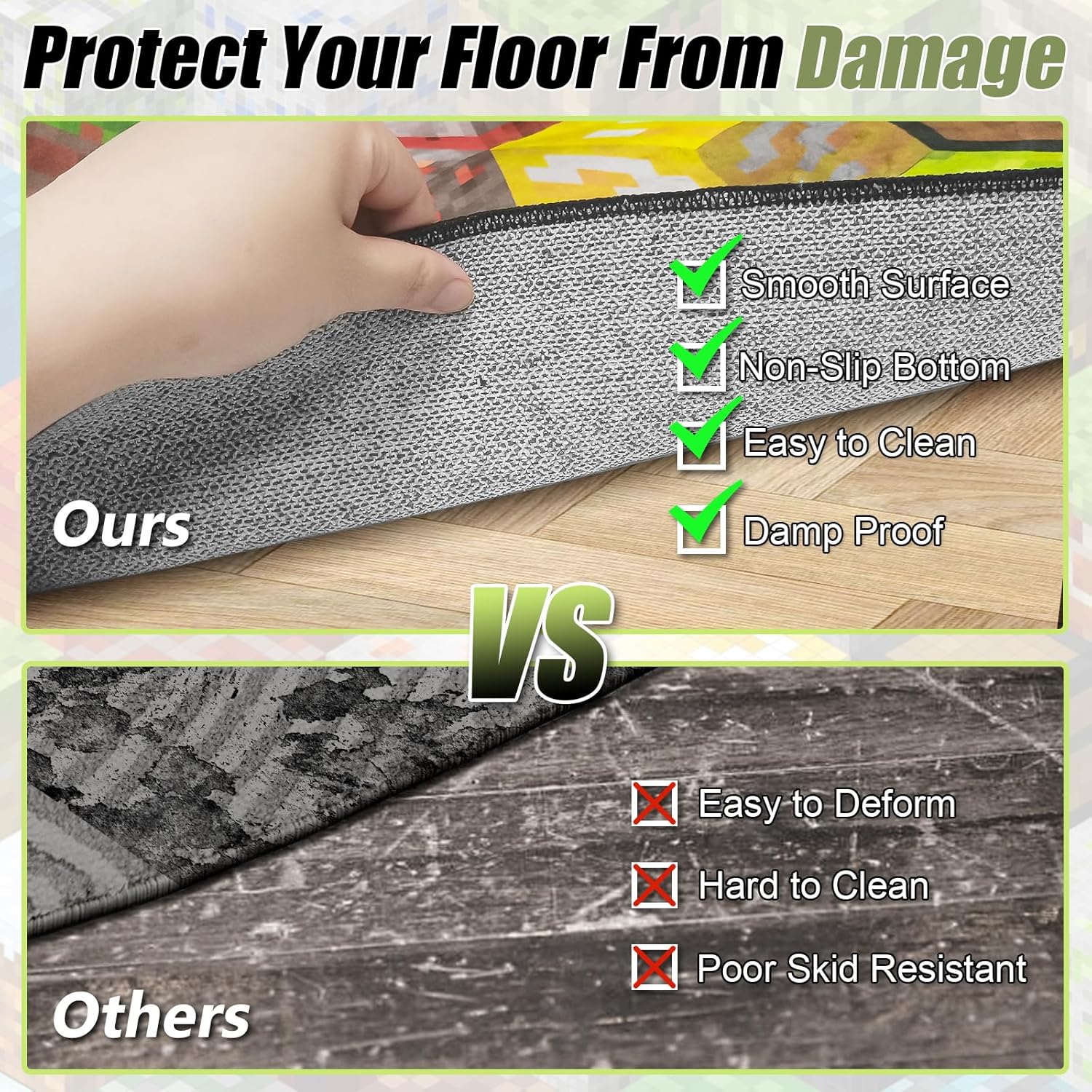 Block Game Rug Teen Boys Carpet with Pixel Games Element Decoration Mat, Cube Block Game Rugs for Boy’s Bedroom Living Room Playroom, Non-Slip Children Gaming Area Rugs (79" x 59")