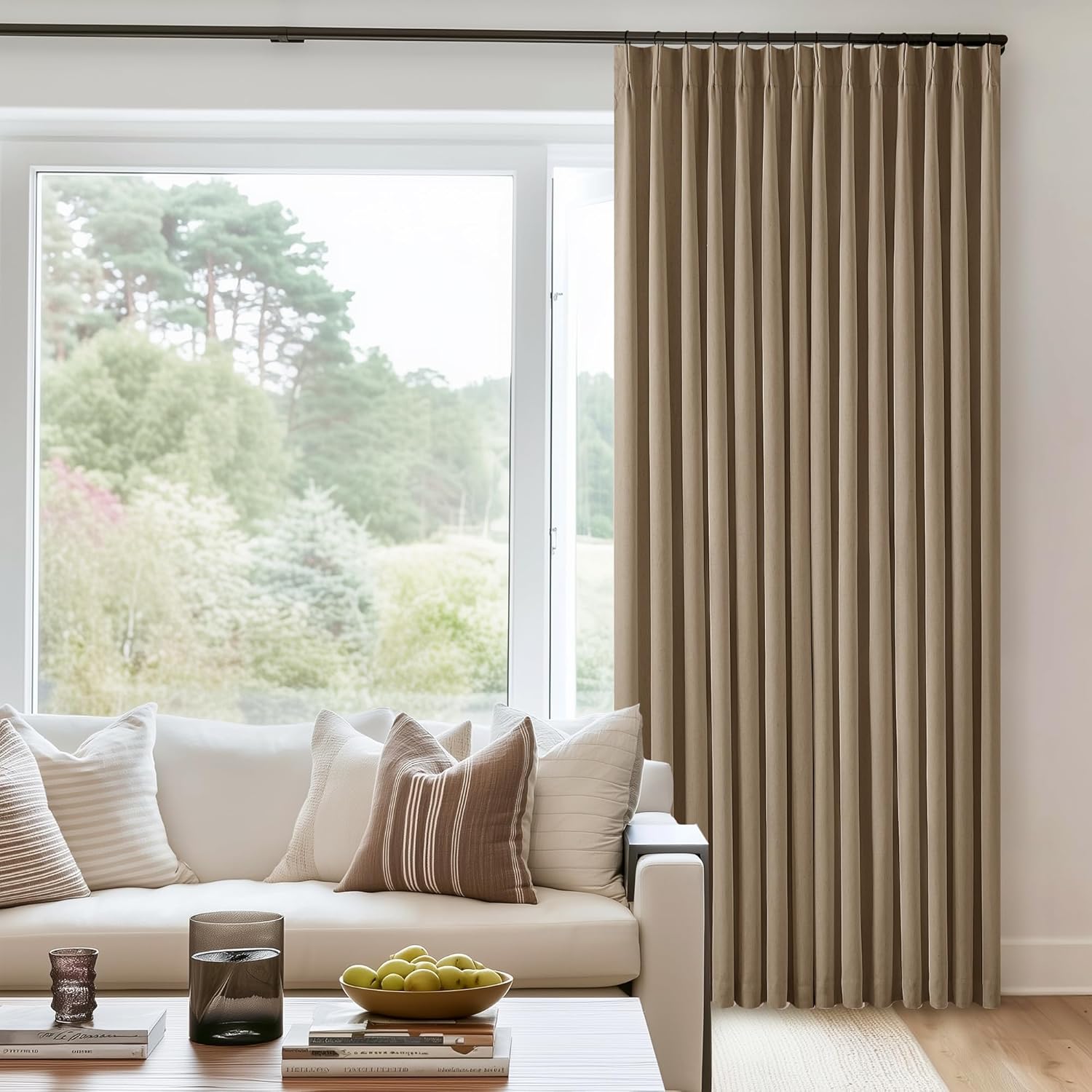 102 Inches Long Pinch Pleated Linen Blackout Curtains for Bedroom Back Tab Track Memory Trained Shape Farmhouse Light Blocking Curtains 102 Inch Length for Living Dining Room Darkening Drapes Cream