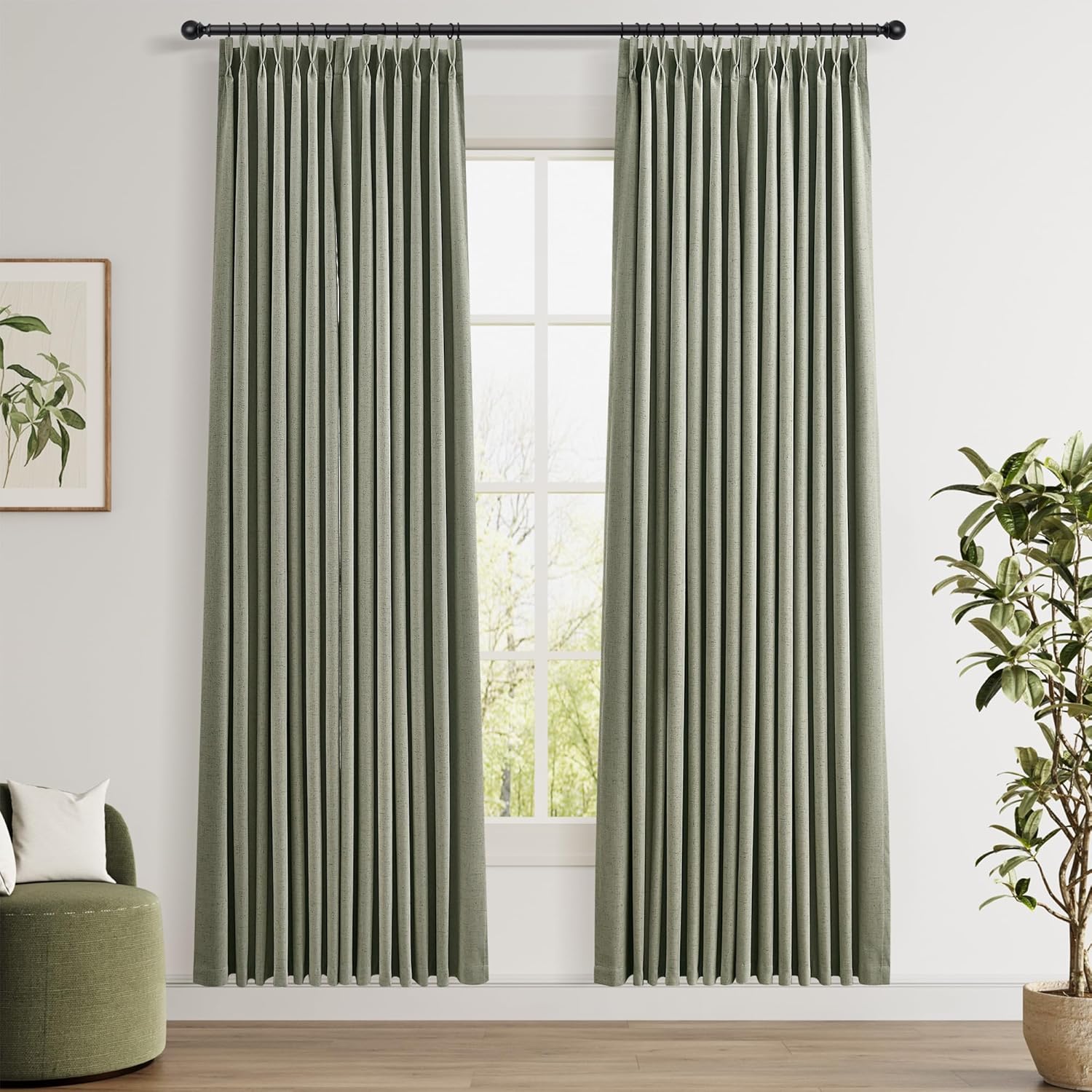 Pinch Pleated 100% Blackout Linen Curtains 96 Inches Long for Bedroom Living Room Memory Trained Pinch Pleat Linen Curtains Rustic Farmhouse Thermal Insulated Natural Cream Pleated Drapes 8ft 40x96