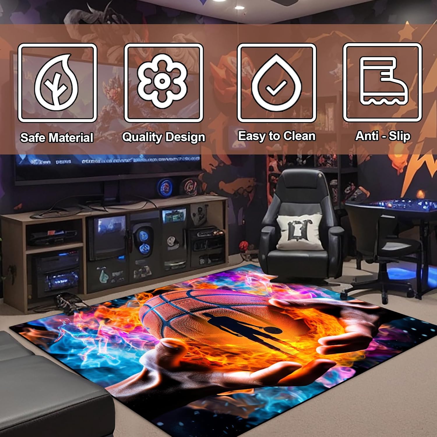 Washable Game Area Rug, Sports Ball Design Gaming Teen Carpet Rug Doormat, Non-Slip Low-Pile Floor Carpet for Computer Bedroom Indoor Front Entrance Living Room Office (Basketball 1, 79" x 59")
