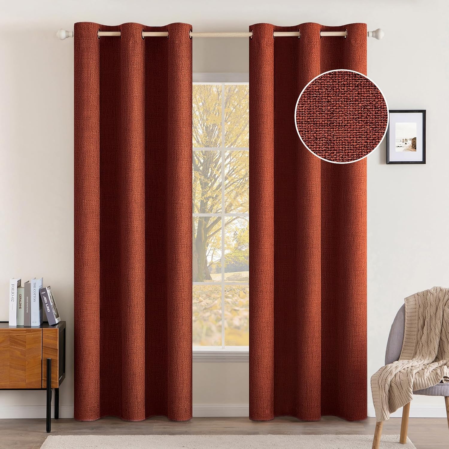 MIULEE 100% Blackout Linen Textured Curtains for Bedroom Solid Thermal Insulated Copper Brown Grommet Room Darkening Curtains & Drapes Luxury Decor for Living Room Nursery 52 x 84 Inch (2 Panels)