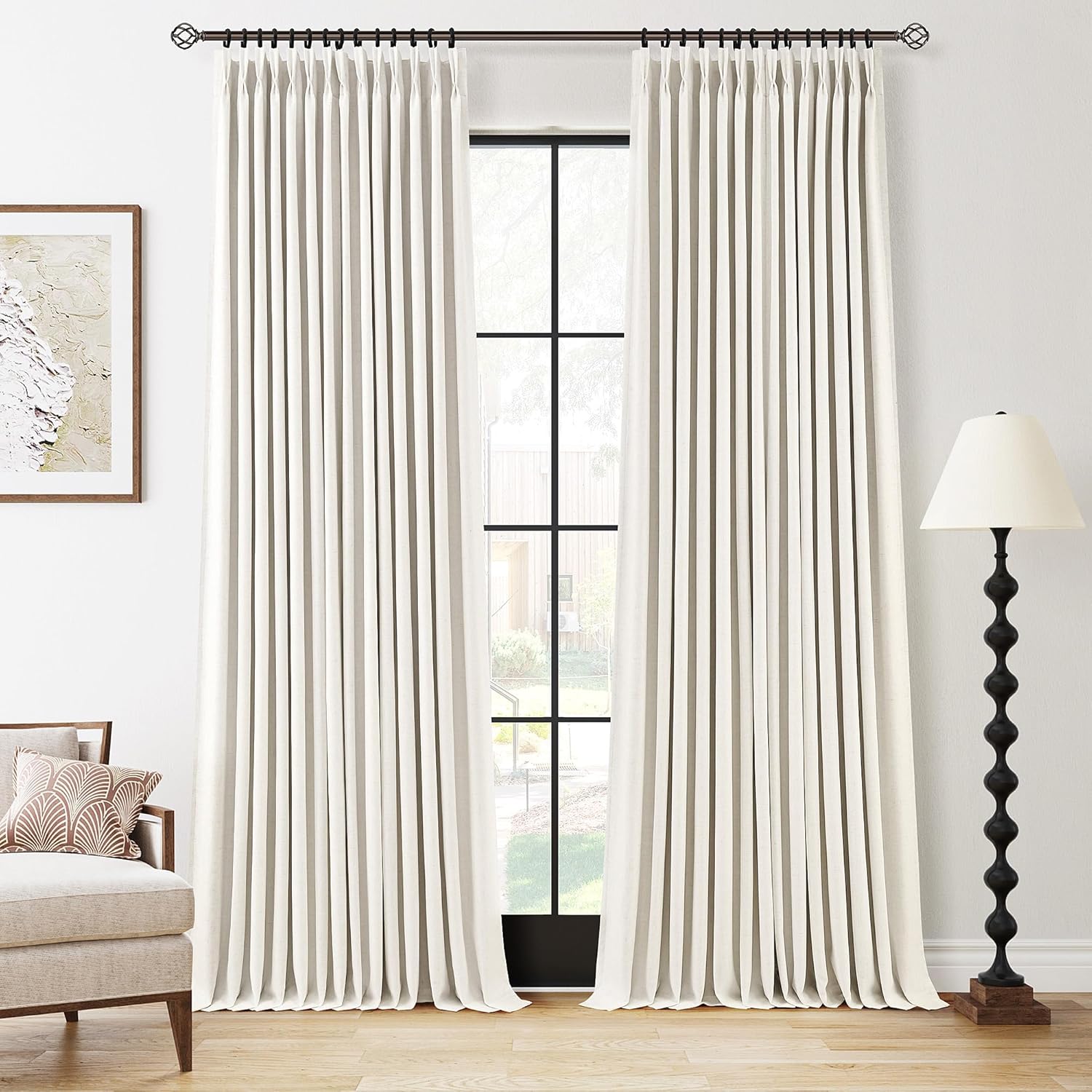 100% Blackout Pinch Pleated Curtains Linen 90 Inches Long for Bedroom 2 Panels Set Full Black Out Thermal Insulated Curtain Natural Boho Farmhouse Pinch Pleat Double Layer Room Darkening Drapes Cream