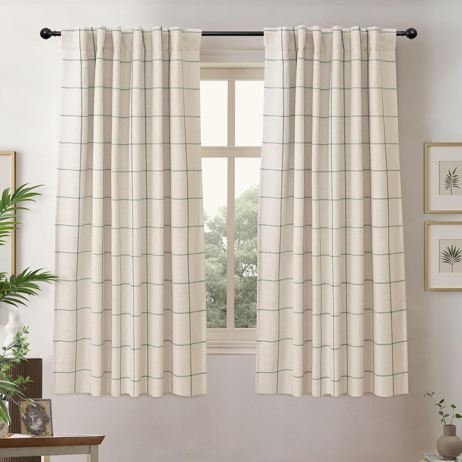 DriftAway 2 Panels 100% Blackout Windowpane Plaid Linen Curtains Double Layer Drapes for Bedroom 84 Inches Long Farmhouse Thermal Insulated 3.25 Inch Rod Pocket Back Tab for Living Room Taupe