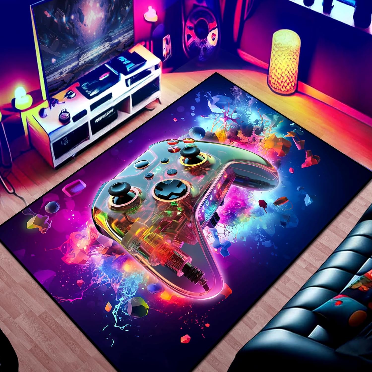 Gaming Area Rug Teen Boys Carpet, Transparent Gamepad and Colorful Lighting Background Game Controller Design for Game Room, Gaming Room, Boys Girls Bedroom Playroom, Living Room (79" x 59")