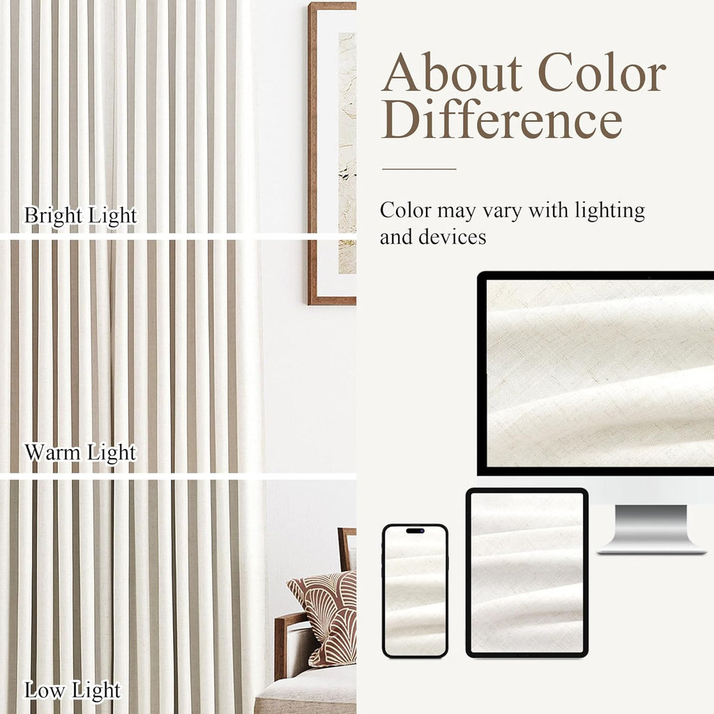 100% Blackout Pinch Pleated Curtains Linen 90 Inches Long for Bedroom 2 Panels Set Full Black Out Thermal Insulated Curtain Natural Boho Farmhouse Pinch Pleat Double Layer Room Darkening Drapes Cream