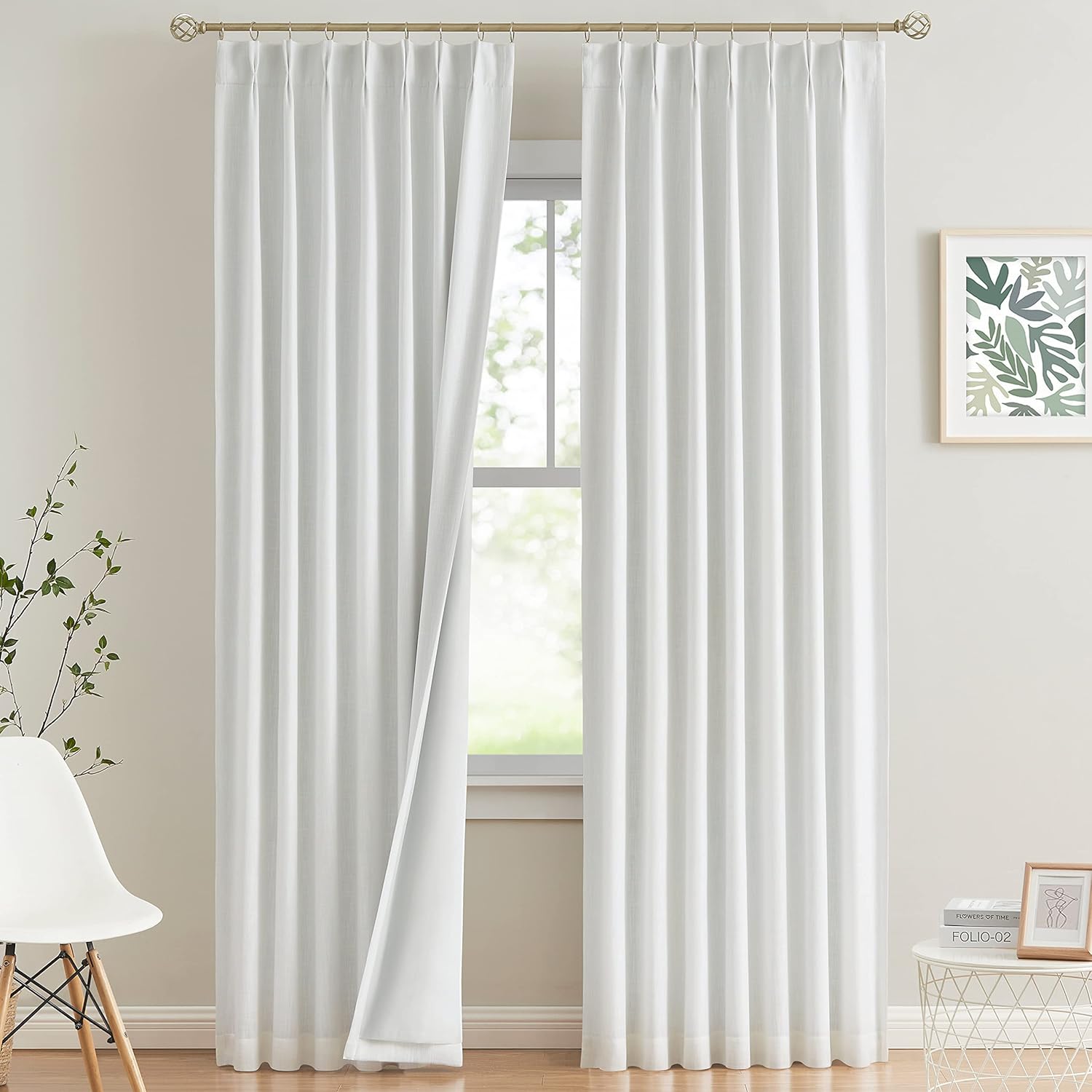 Vision Home Natural Pinch Pleated Full Blackout Curtains Linen Blended Room Darkening Window Curtains 90 inch for Living Room Bedroom Thermal Insulated Pinch Pleat Drapes with Hooks 2 Panel 40"Wx90"L