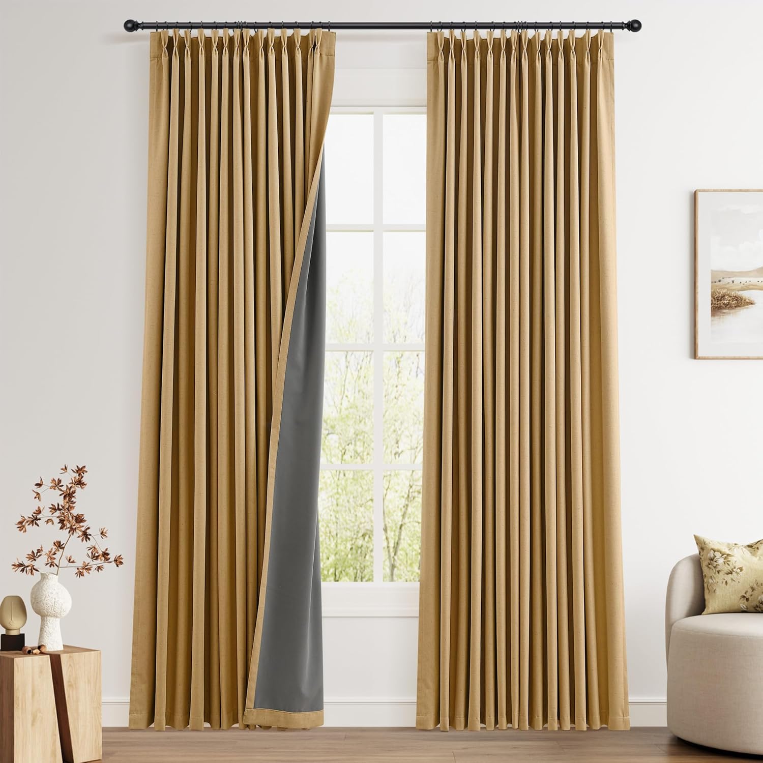 Pinch Pleated 100% Blackout Linen Curtains 96 Inches Long for Bedroom Living Room Memory Trained Pinch Pleat Linen Curtains Rustic Farmhouse Thermal Insulated Natural Cream Pleated Drapes 8ft 40x96