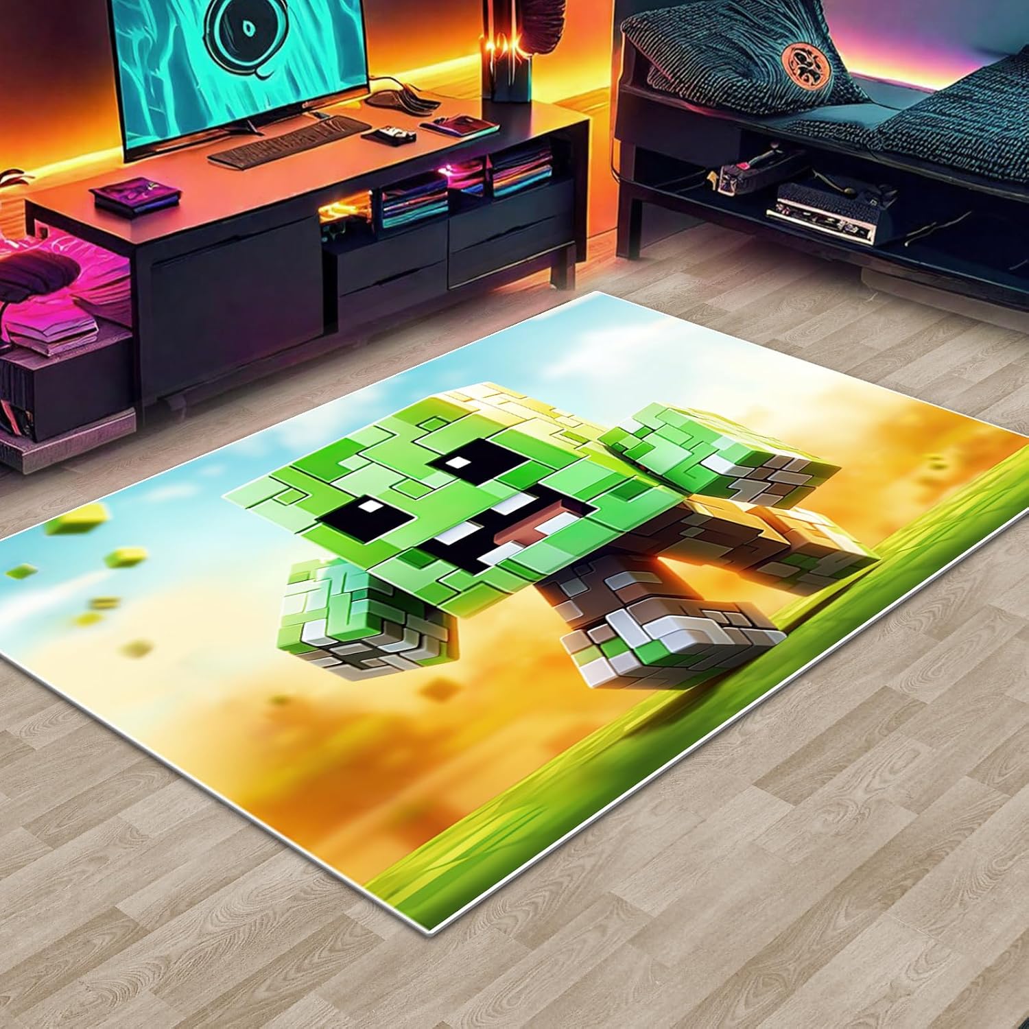 Block Game Rug Teen Boys Carpet with Pixel Games Element Decoration Mat, Cube Block Game Rugs for Boy’s Bedroom Living Room Playroom, Non-Slip Children Gaming Area Rugs (79" x 59")