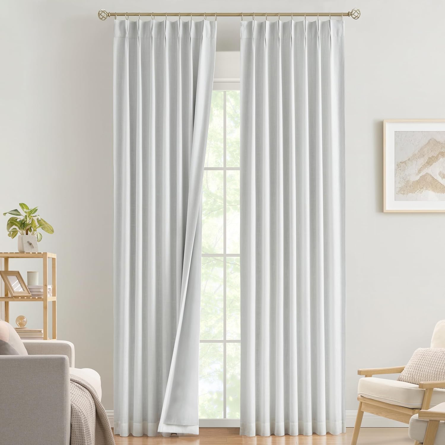 Vision Home Natural Pinch Pleated Full Blackout Curtains Linen Blended Room Darkening Window Curtains 90 inch for Living Room Bedroom Thermal Insulated Pinch Pleat Drapes with Hooks 2 Panel 40"Wx90"L