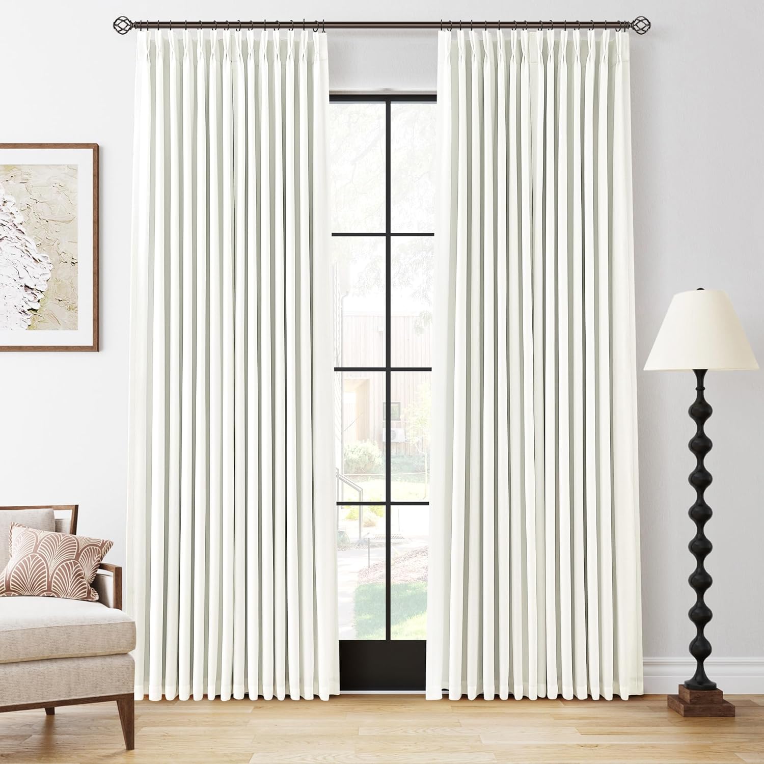 100% Blackout Pinch Pleated Curtains Linen 90 Inches Long for Bedroom 2 Panels Set Full Black Out Thermal Insulated Curtain Natural Boho Farmhouse Pinch Pleat Double Layer Room Darkening Drapes Cream