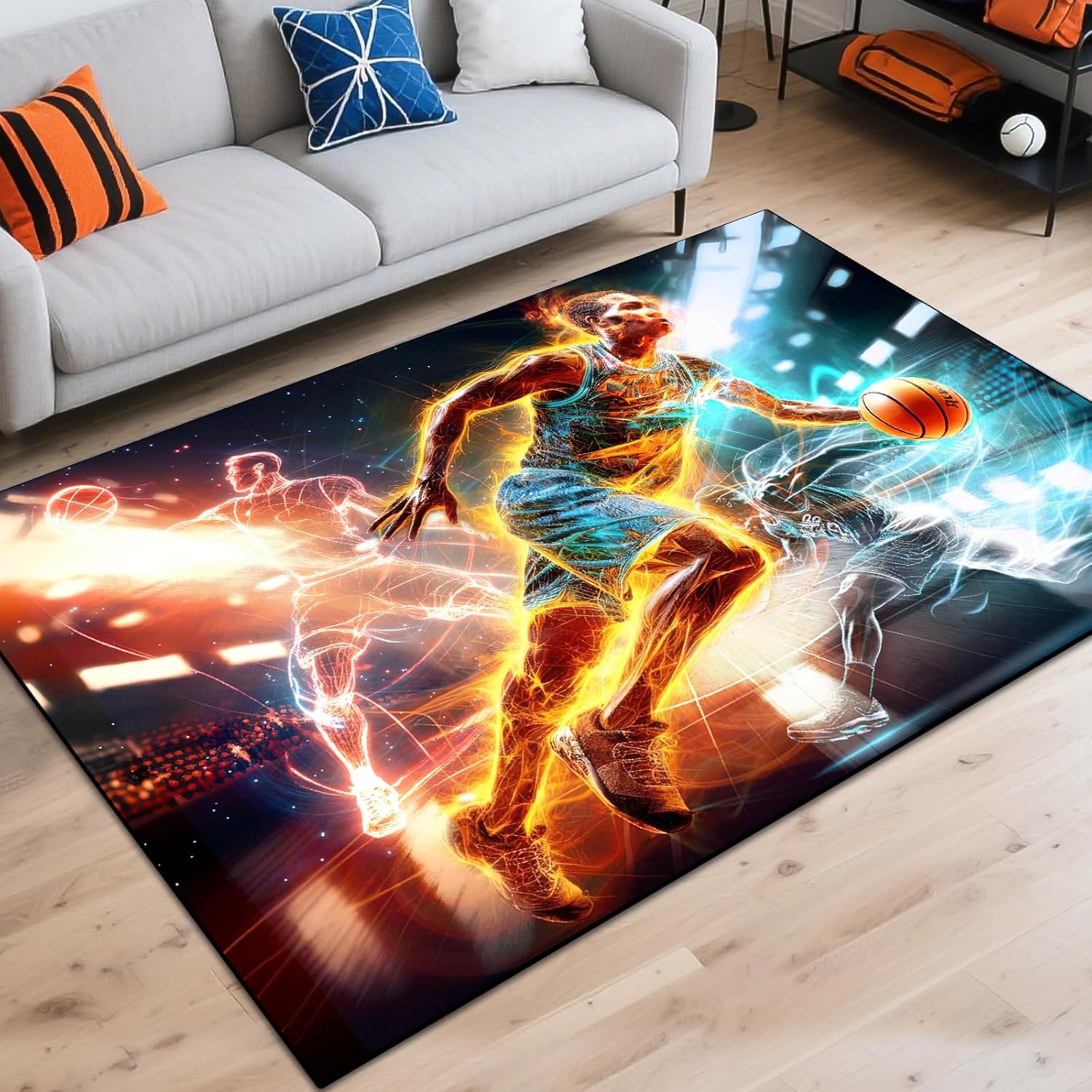 Washable Game Area Rug, Sports Ball Design Gaming Teen Carpet Rug Doormat, Non-Slip Low-Pile Floor Carpet for Computer Bedroom Indoor Front Entrance Living Room Office (Basketball 1, 79" x 59")