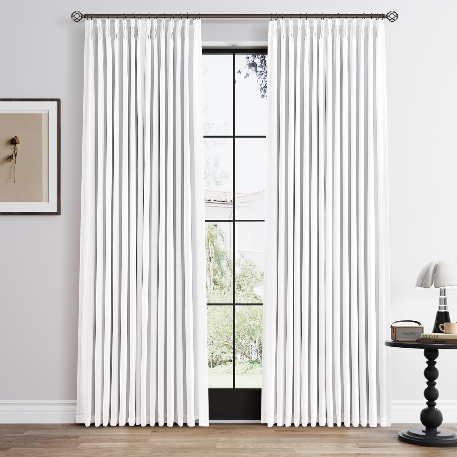 100% Blackout Pinch Pleated Curtains Linen 90 Inches Long for Bedroom 2 Panels Set Full Black Out Thermal Insulated Curtain Natural Boho Farmhouse Pinch Pleat Double Layer Room Darkening Drapes Cream