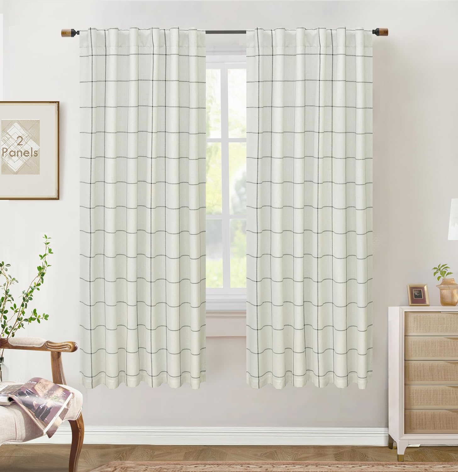 DriftAway 2 Panels 100% Blackout Windowpane Plaid Linen Curtains Double Layer Drapes for Bedroom 84 Inches Long Farmhouse Thermal Insulated 3.25 Inch Rod Pocket Back Tab for Living Room Taupe