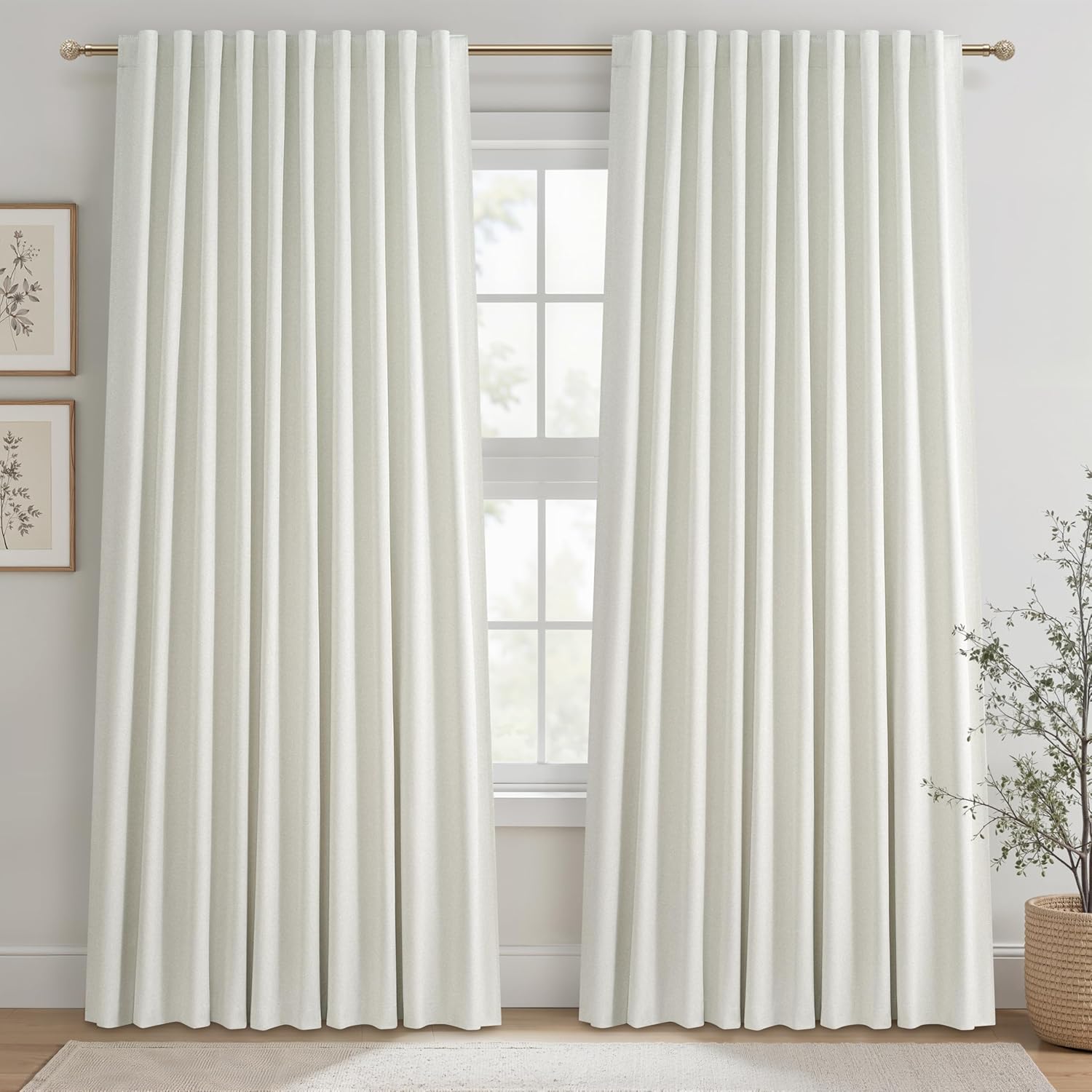 Black Out 96 Inch Long Boho Curtains 2 Panel Set, Farmhouse Curtains for Living Room Darkening/Thermal/Noise Reduction Textured Flax Linen Drape 8ft Hook&Ring Included Birch Off White 50"x96"