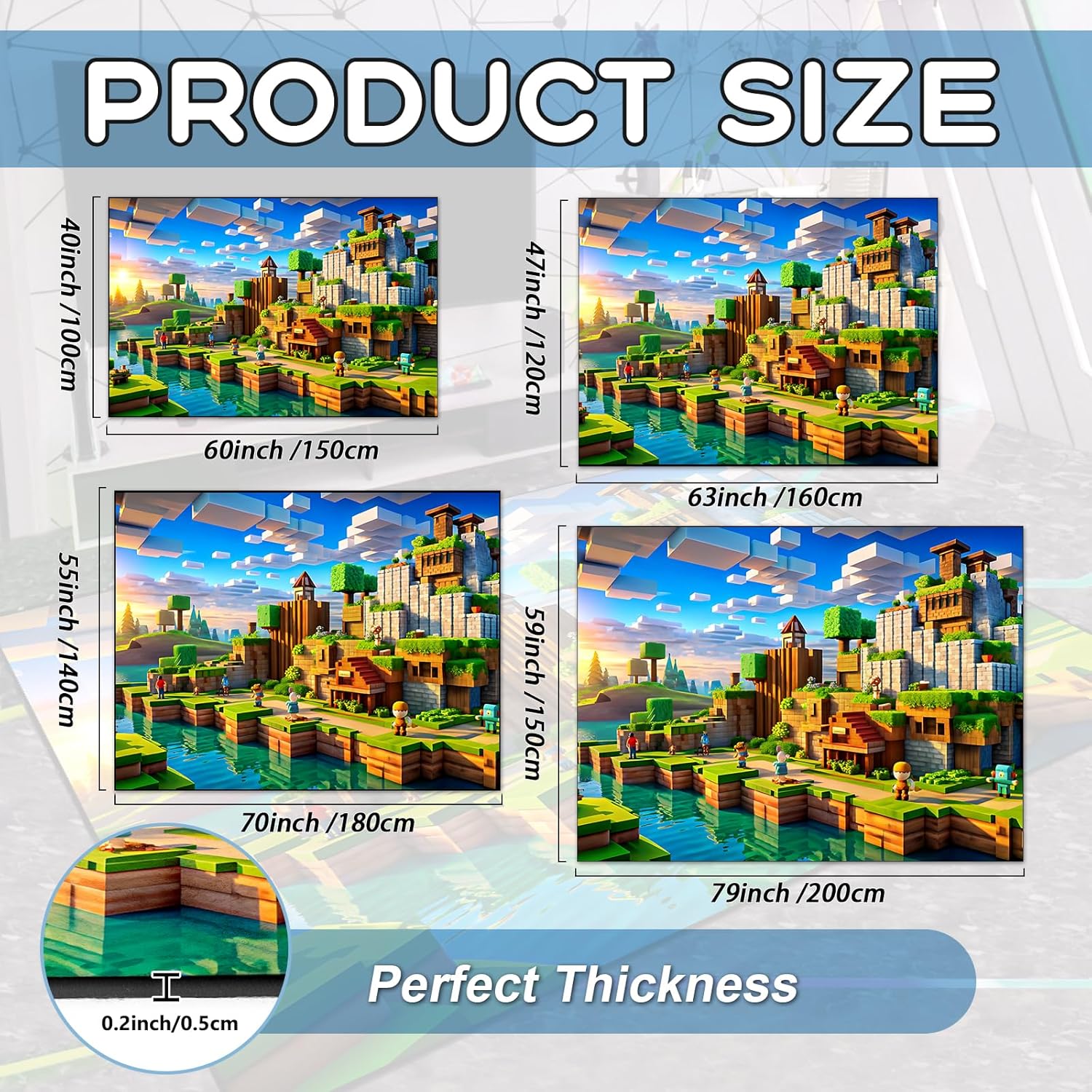 Block Game Rug Teen Kids Carpet, Pixel Games Scene Decoration Mat, Washable Cube Block Game Rugs for Boy’s Bedroom Living Room Playroom, Non-Slip Children Gaming Area Rugs (Green Village, 79" x 59")