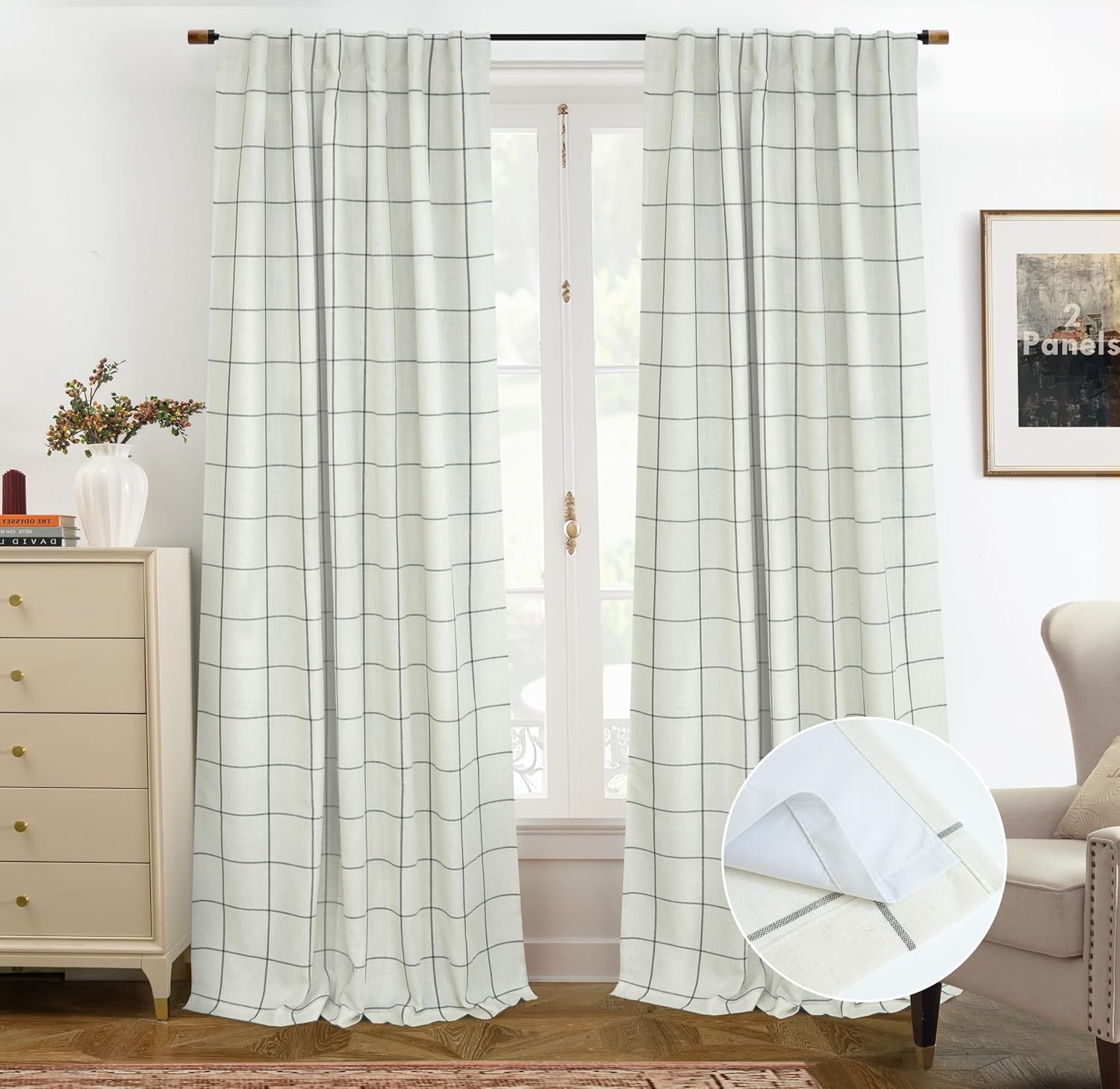 DriftAway 2 Panels 100% Blackout Windowpane Plaid Linen Curtains Double Layer Drapes for Bedroom 84 Inches Long Farmhouse Thermal Insulated 3.25 Inch Rod Pocket Back Tab for Living Room Taupe