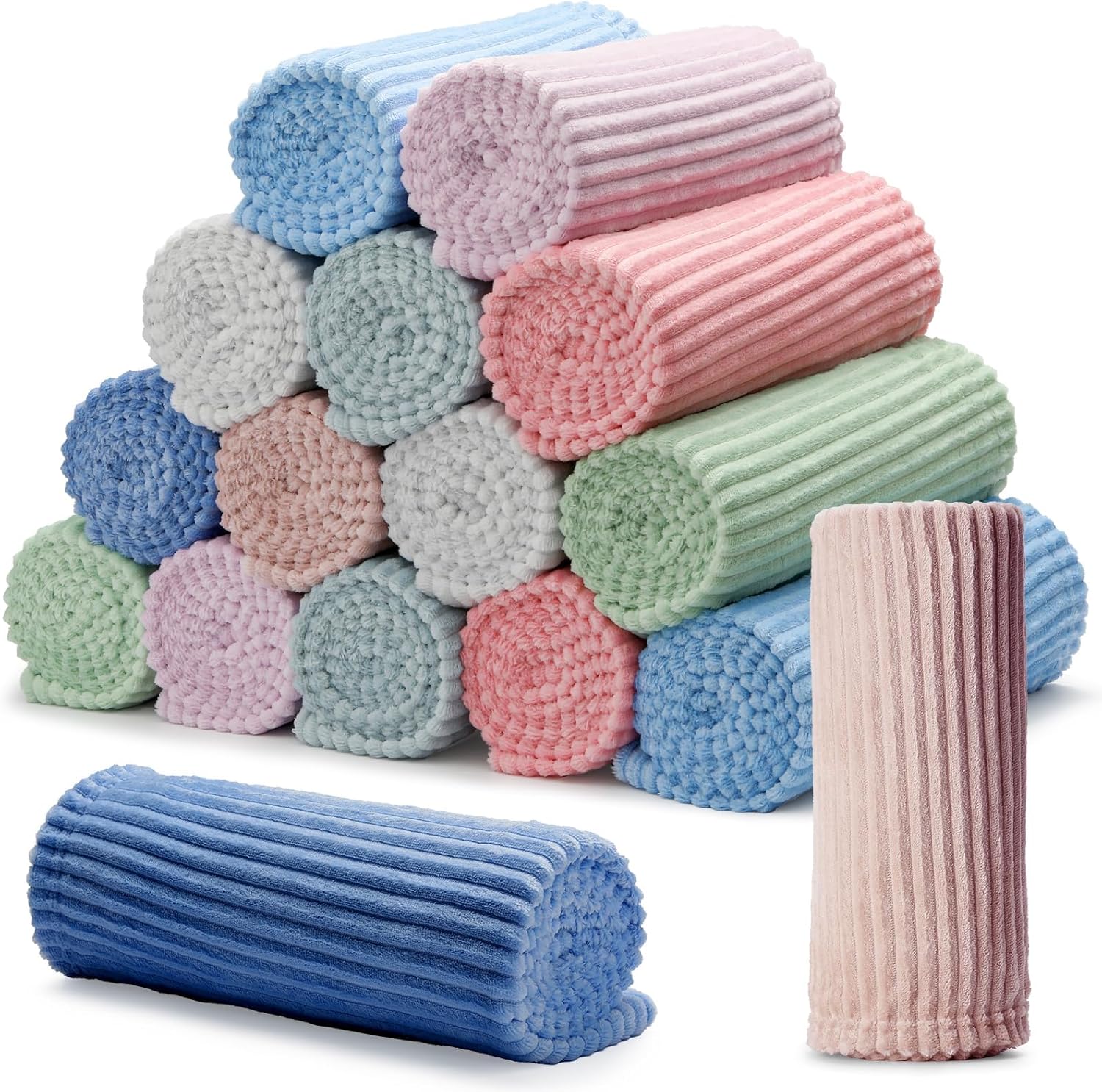 8 Pcs Pastel Colors Flannel Throw Blanket Bulk 50 x 60 Inch with Striped Ribbed Throw Blanket Soft Lightweight All Seasons Blankets for Sofa Room Couch Donation Homeless Wedding Gifts