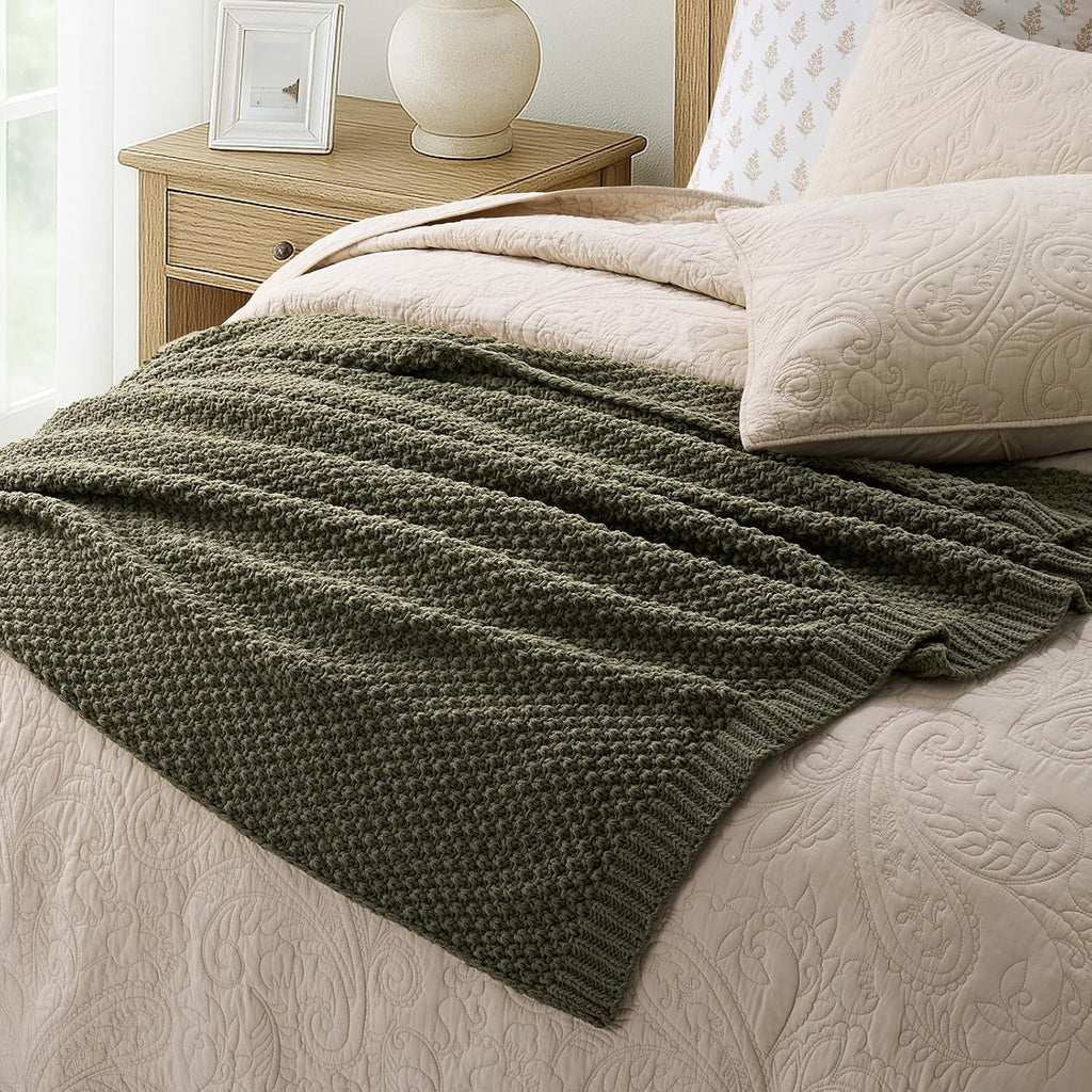 EVERGRACEHOME Chunky Chenille Knit Throw Blanket for Couch, Soft Luxurious Moss Stitch Blankets for Bed, Cozy Decorative Farmhouse Knitted Throws for Sofa, Olive Green, 50" x 60"