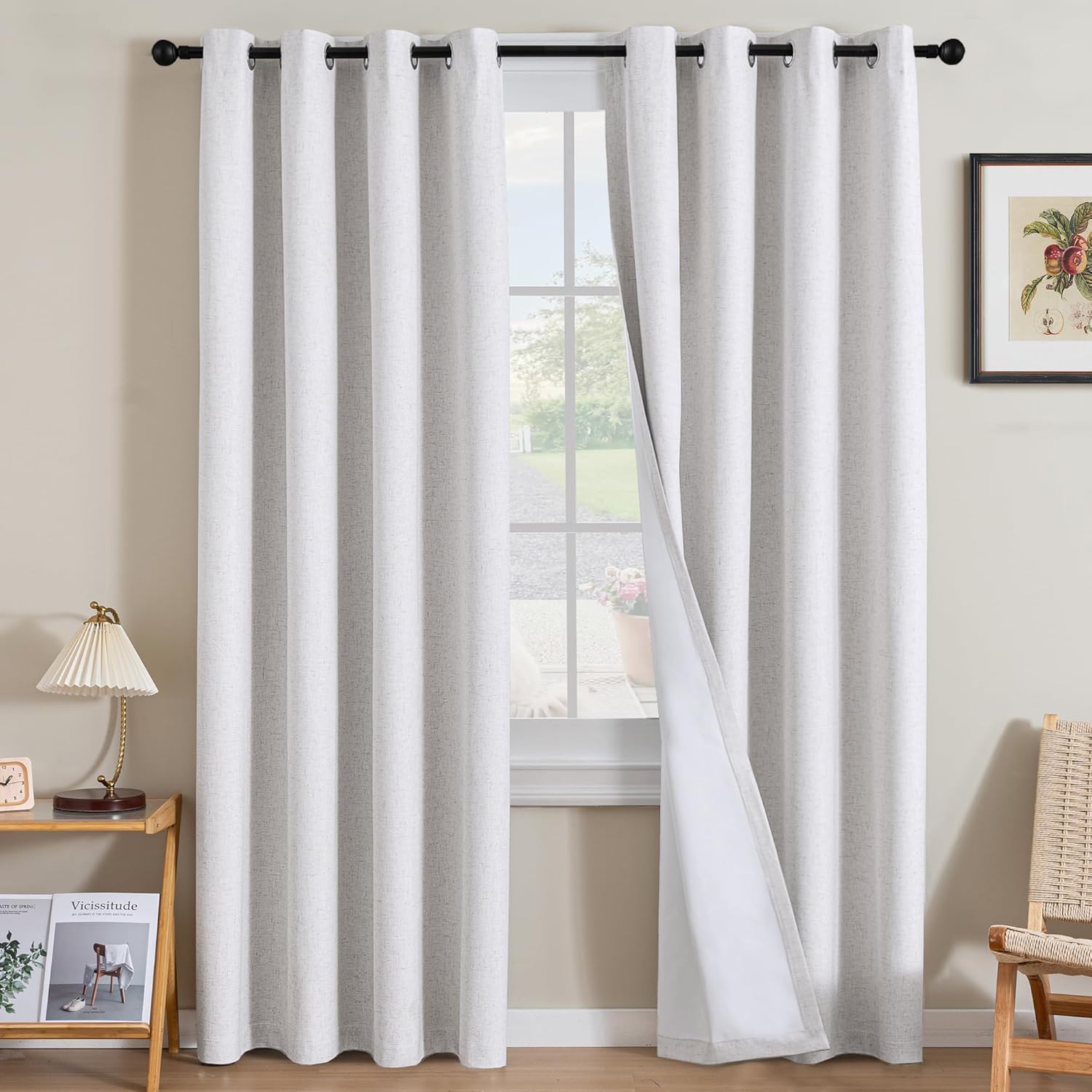 H.VERSAILTEX Blackout Curtains, Linen Curtains 108 inches Long 100% Black Out Curtains for Bedroom Windows, Textured Linen Look Draperies Grommet with White Liner, 2 Panels, Natural