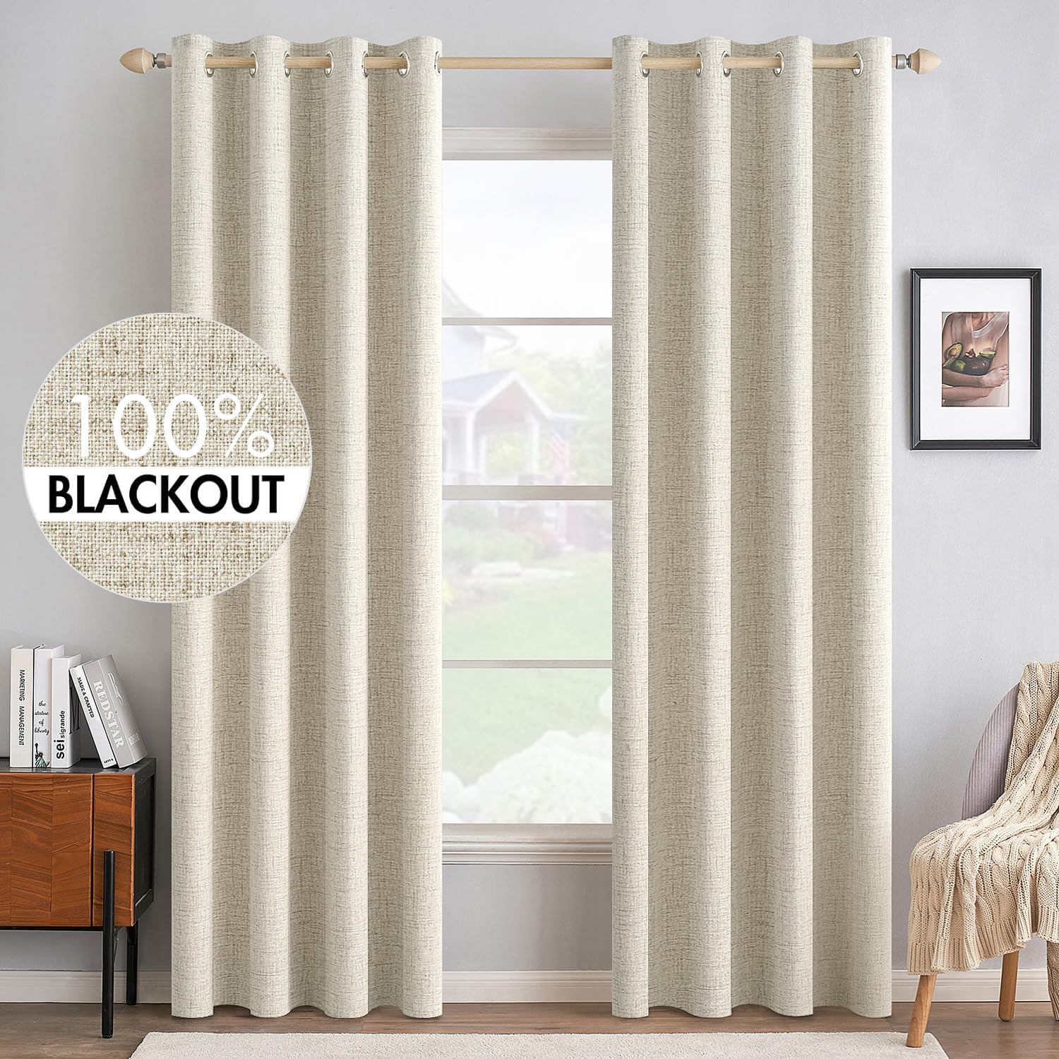MIULEE 100% Blackout Linen Textured Curtains for Bedroom Solid Thermal Insulated Copper Brown Grommet Room Darkening Curtains & Drapes Luxury Decor for Living Room Nursery 52 x 84 Inch (2 Panels)
