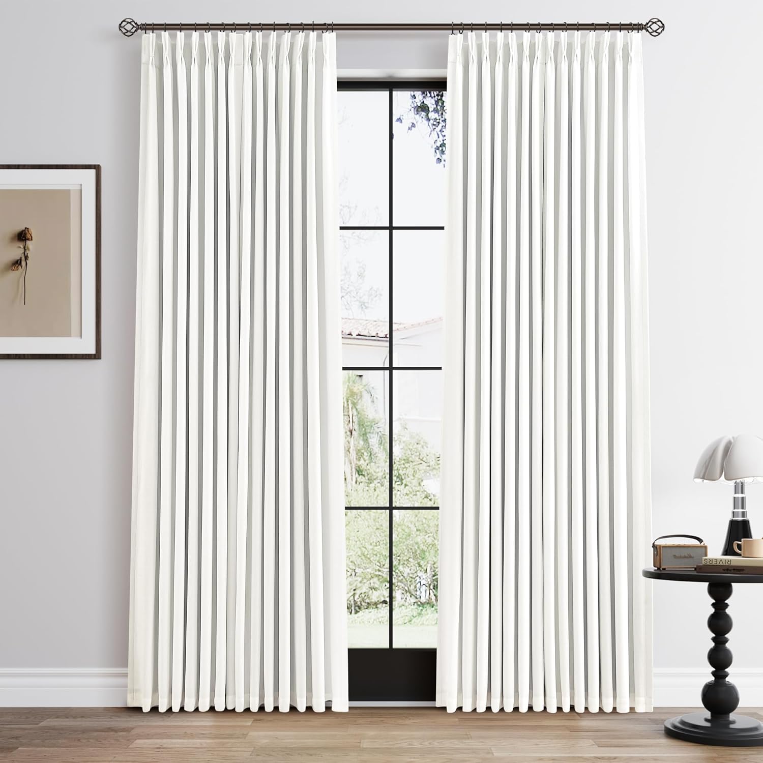 100% Blackout Pinch Pleated Curtains Linen 90 Inches Long for Bedroom 2 Panels Set Full Black Out Thermal Insulated Curtain Natural Boho Farmhouse Pinch Pleat Double Layer Room Darkening Drapes Cream