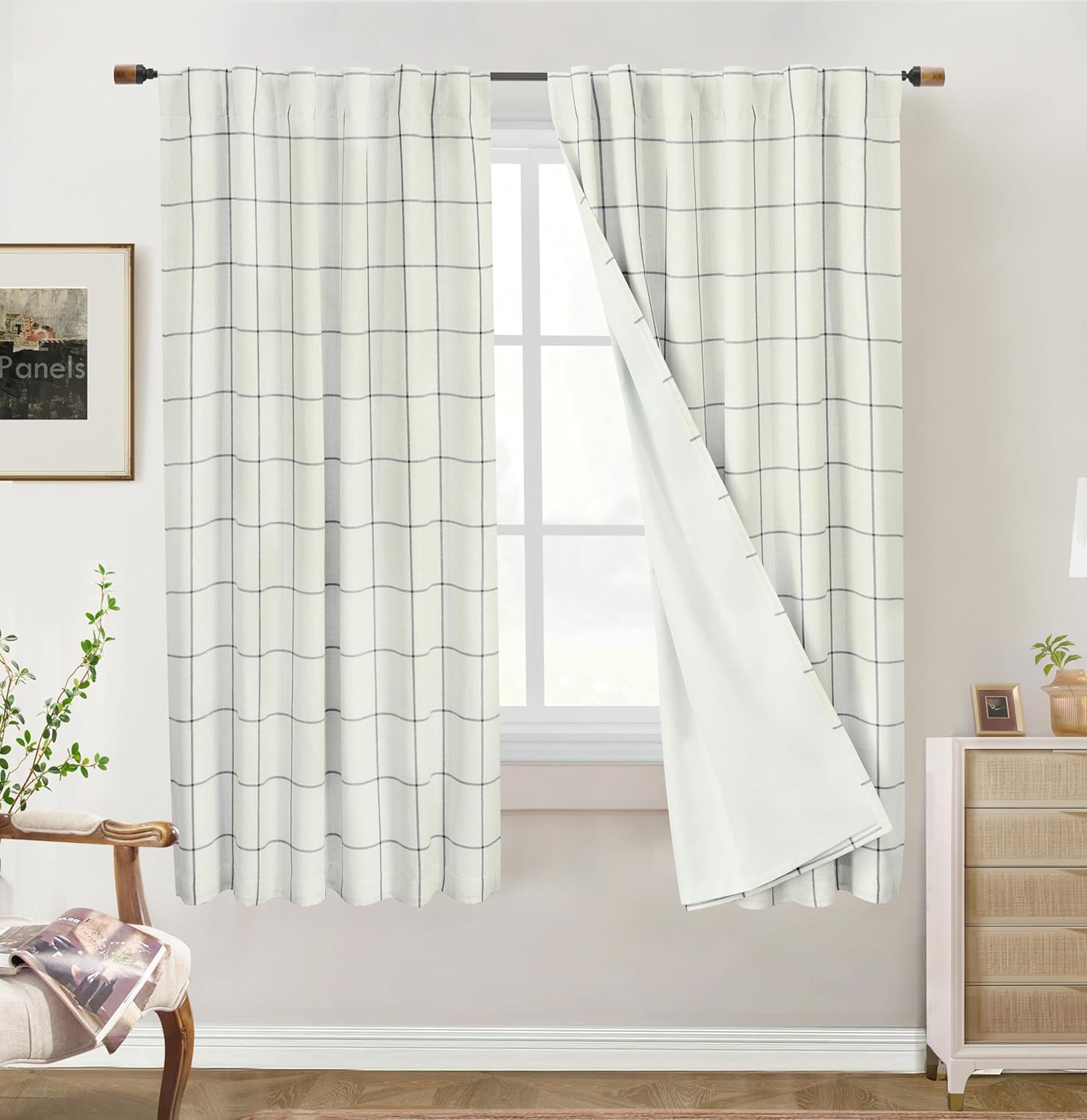 DriftAway 2 Panels 100% Blackout Windowpane Plaid Linen Curtains Double Layer Drapes for Bedroom 84 Inches Long Farmhouse Thermal Insulated 3.25 Inch Rod Pocket Back Tab for Living Room Taupe