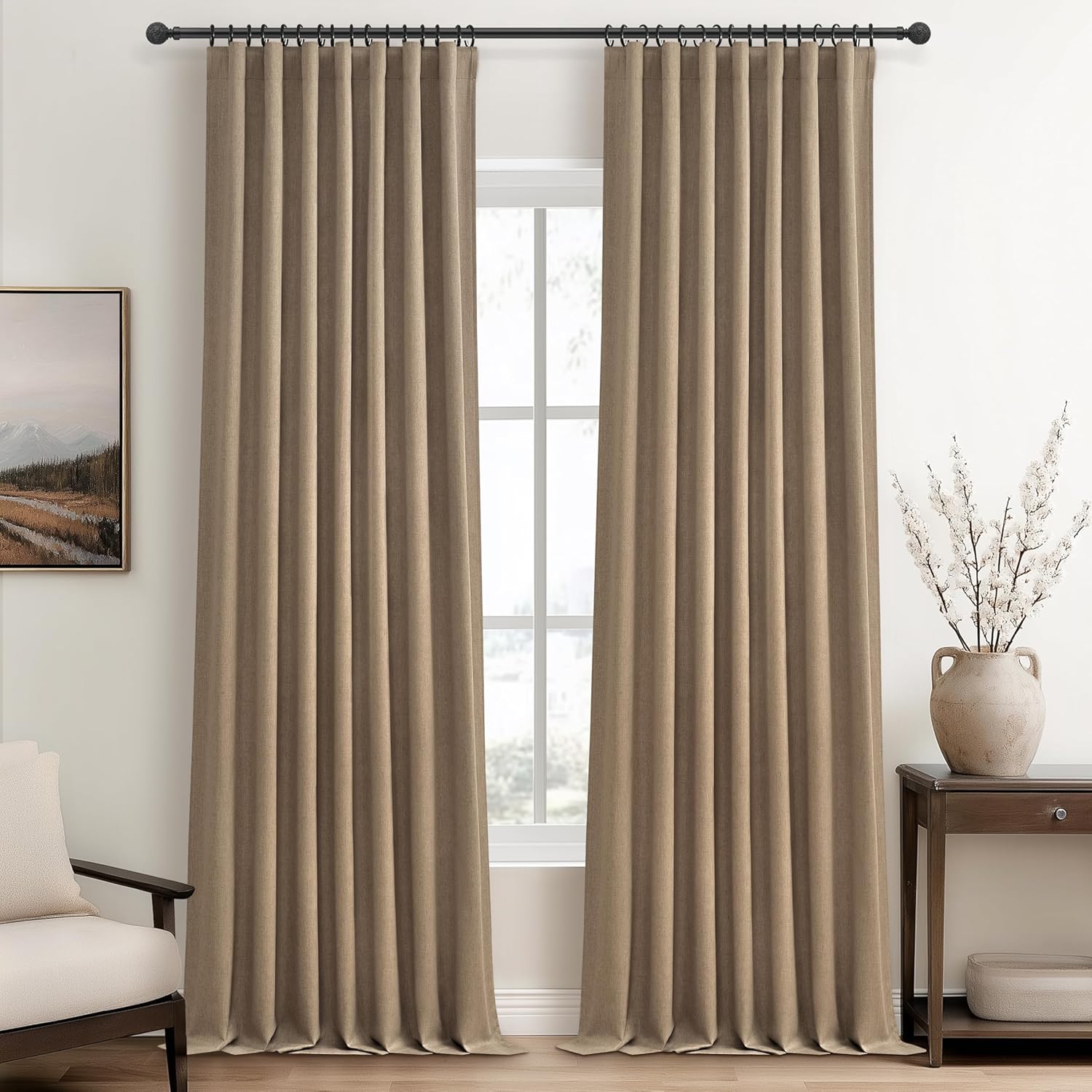 Black Out 96 Inch Long Boho Curtains 2 Panel Set, Farmhouse Curtains for Living Room Darkening/Thermal/Noise Reduction Textured Flax Linen Drape 8ft Hook&Ring Included Birch Off White 50"x96"
