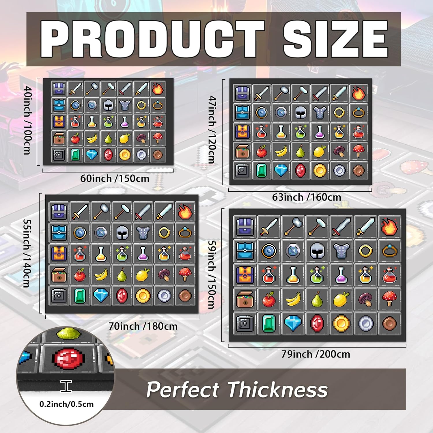 Game Rug Teen Boys Carpet with Pixel Games Element Items Decoration Mat, Weapon Medical Game Rugs for Boy’s Bedroom Living Room Playroom, Non-Slip Children Gaming Area Rugs (Grey, 79" x 59")