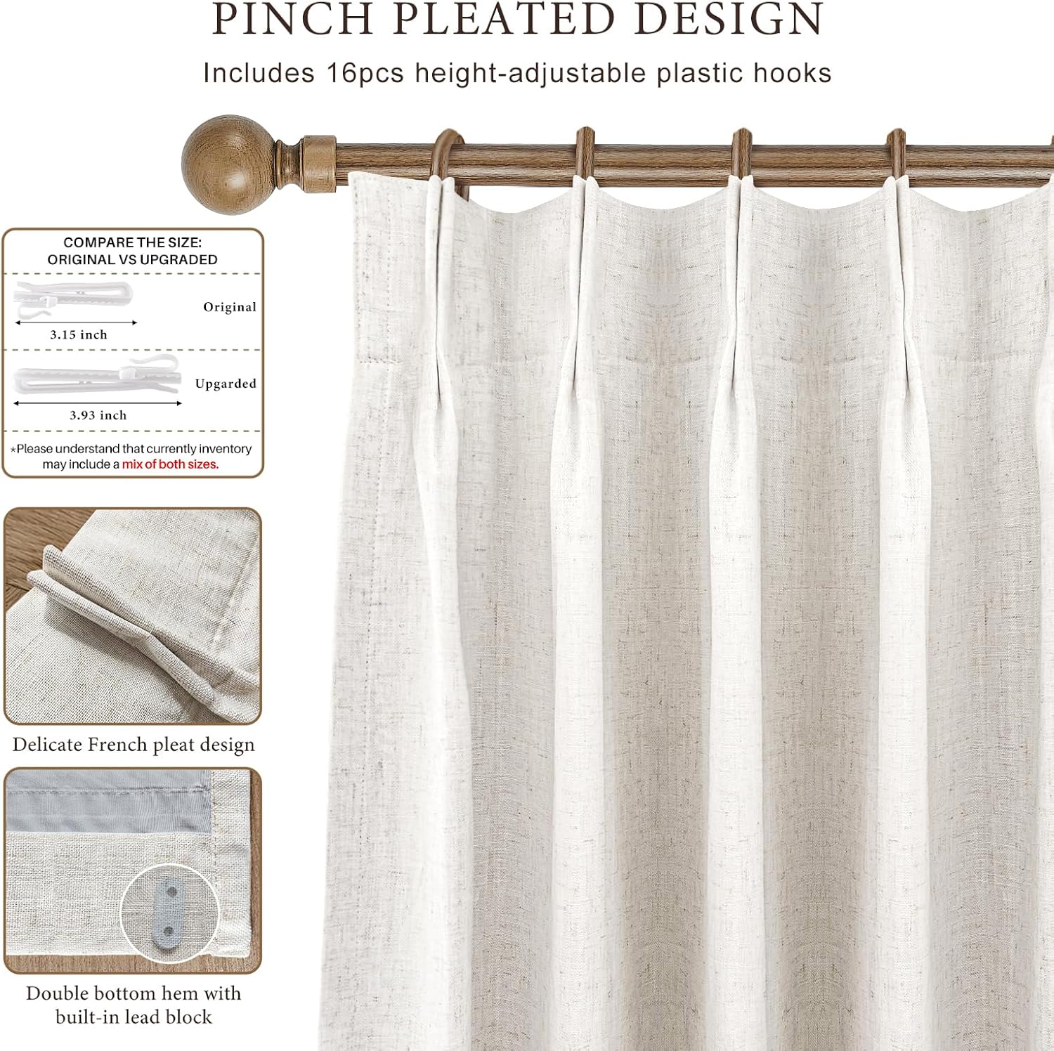 IVAPUPU Natural Pinch Pleated 100% Blackout Linen Curtains 90 Inch Length for Bedroom, Black Out Pinch Pleat Curtains for Living Dining Room Darkening Thermal Insulated Drapes with 16 Hooks, 2 Panels