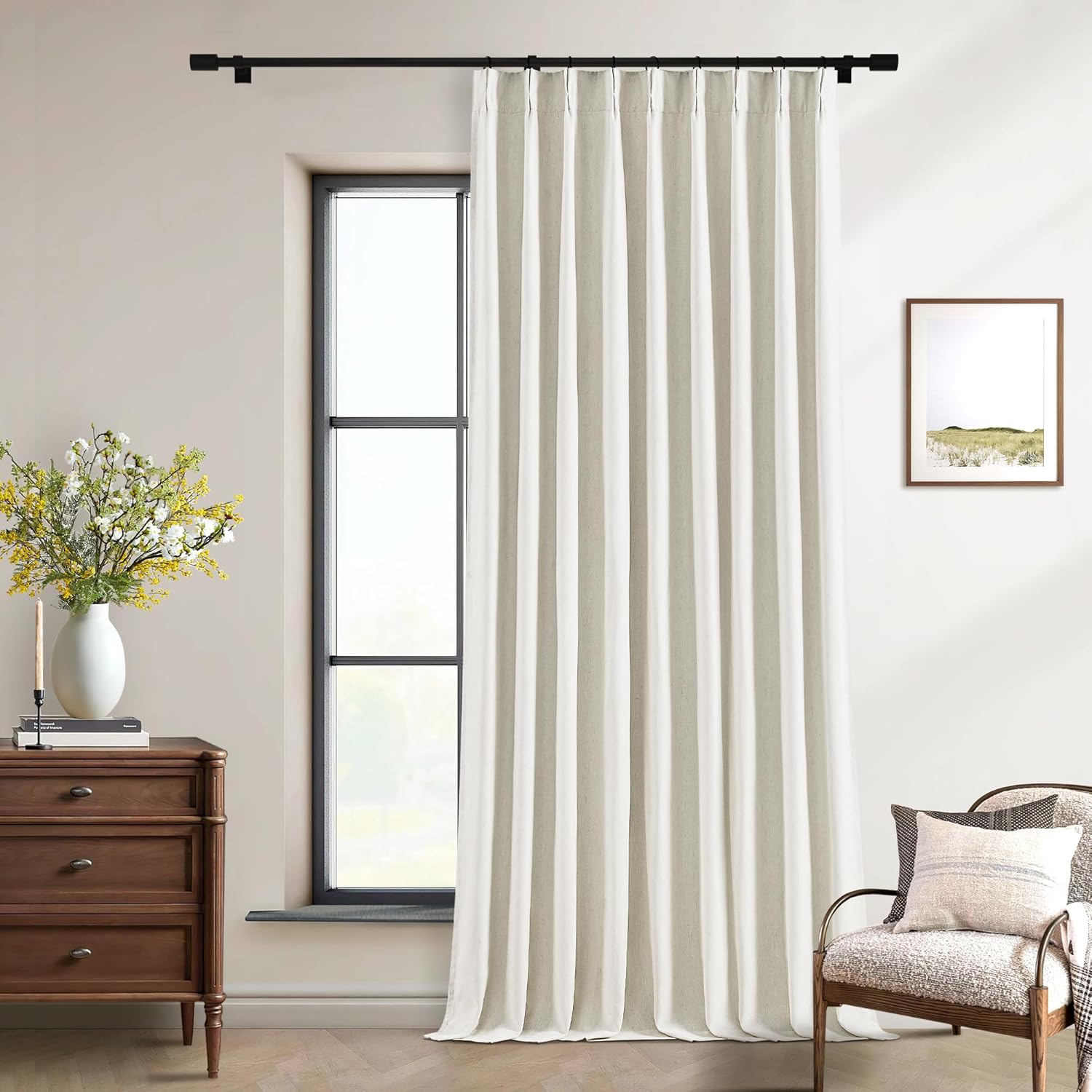 102 Inches Long Pinch Pleated Linen Blackout Curtains for Bedroom Back Tab Track Memory Trained Shape Farmhouse Light Blocking Curtains 102 Inch Length for Living Dining Room Darkening Drapes Cream