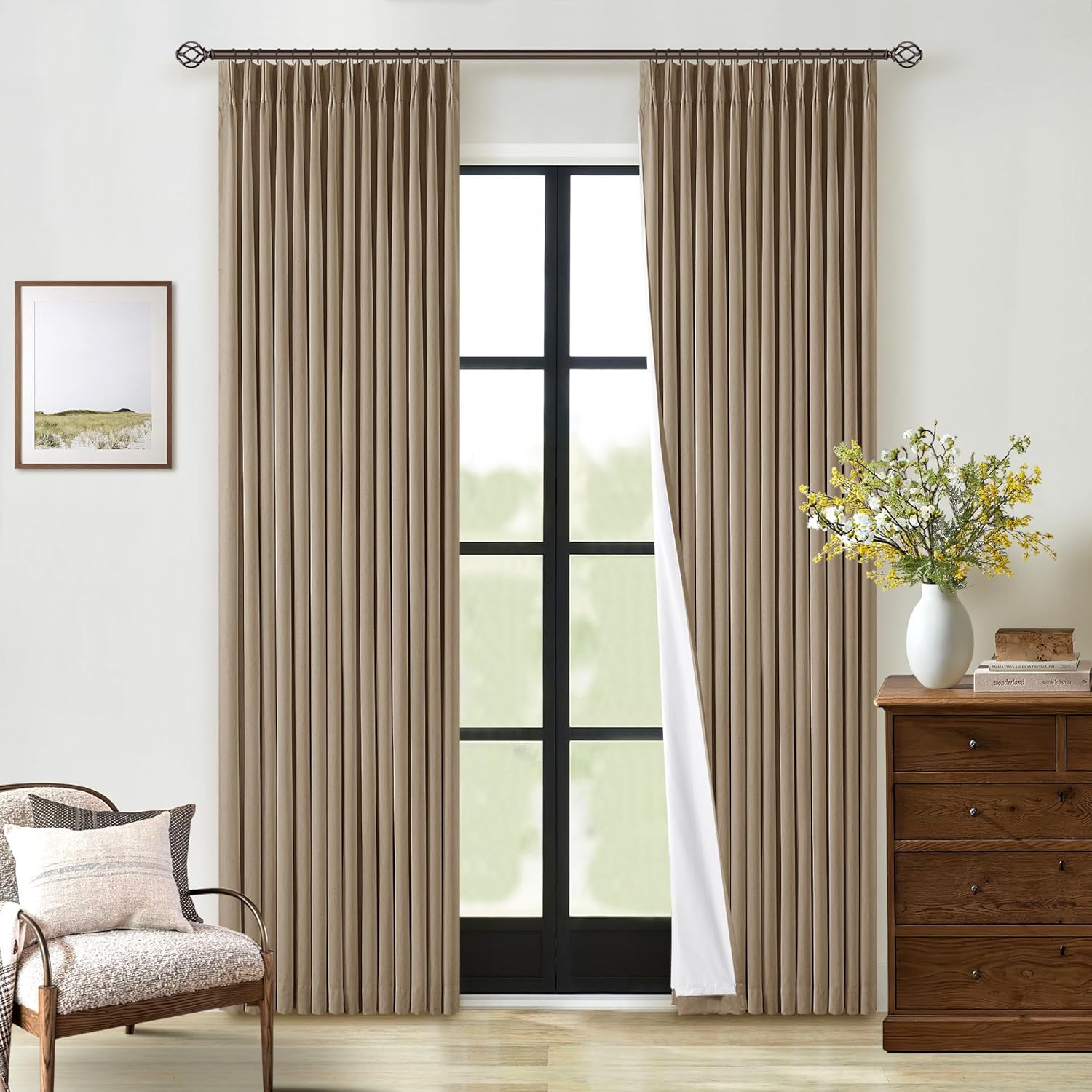 102 Inches Long Pinch Pleated Linen Blackout Curtains for Bedroom Back Tab Track Memory Trained Shape Farmhouse Light Blocking Curtains 102 Inch Length for Living Dining Room Darkening Drapes Cream