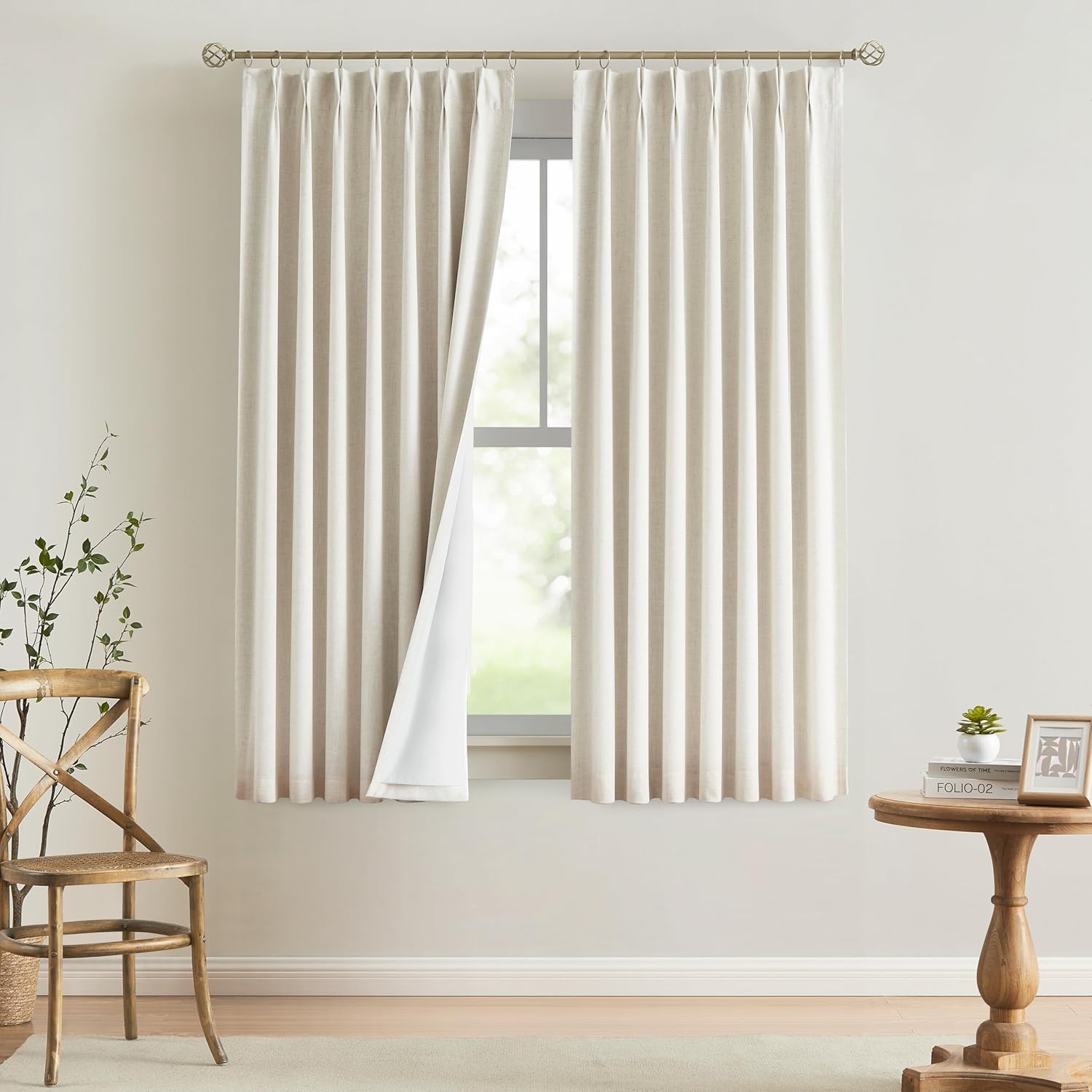Vision Home Natural Pinch Pleated Full Blackout Curtains Linen Blended Room Darkening Window Curtains 90 inch for Living Room Bedroom Thermal Insulated Pinch Pleat Drapes with Hooks 2 Panel 40"Wx90"L